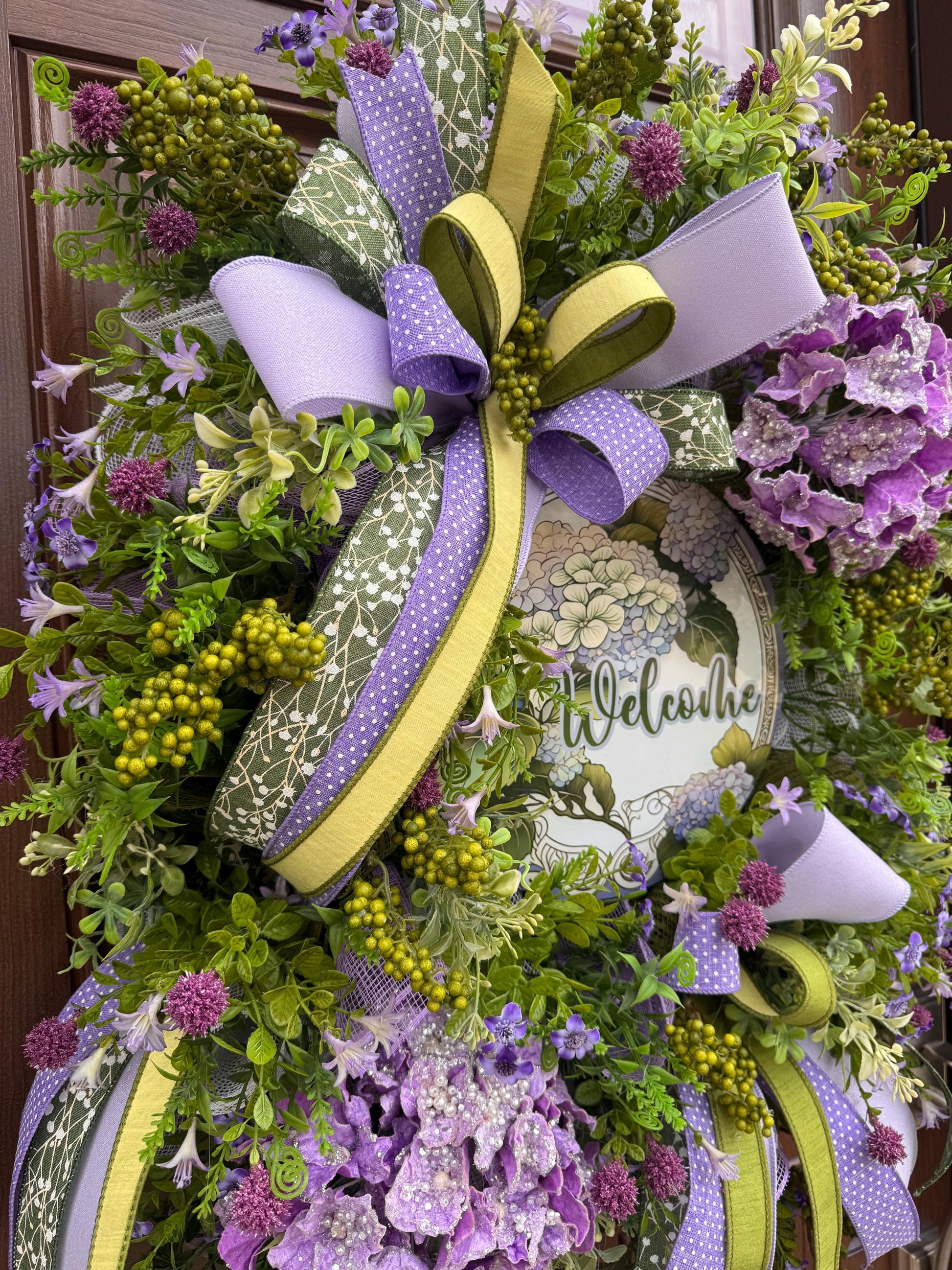 Purple Hydrangea Spring Wreath for Front Door, Welcome Wreath, Lavender Green Floral Wreath, Farmhouse Door Decor, Summer Wreath