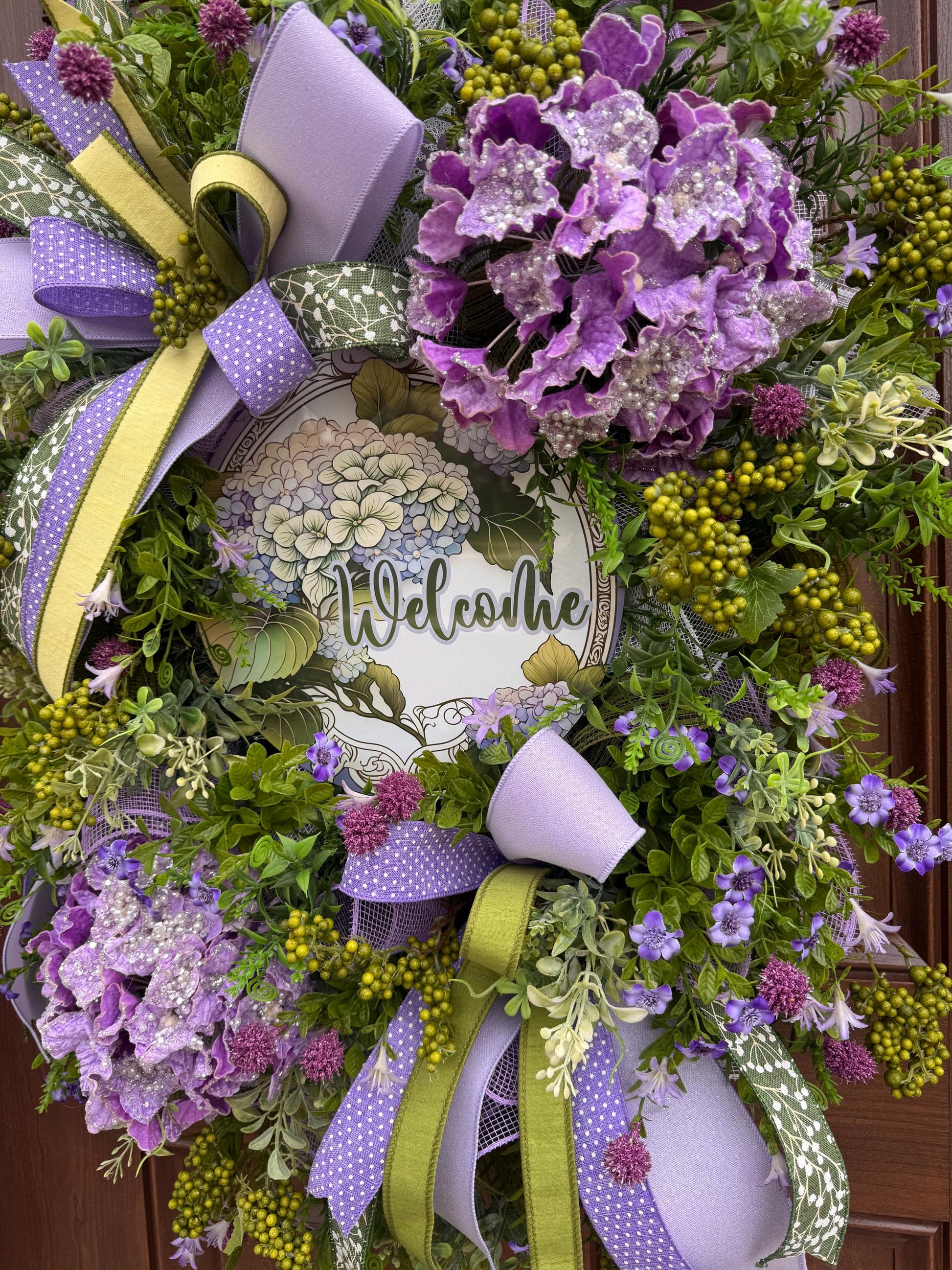 Purple Hydrangea Spring Wreath for Front Door, Welcome Wreath, Lavender Green Floral Wreath, Farmhouse Door Decor, Summer Wreath