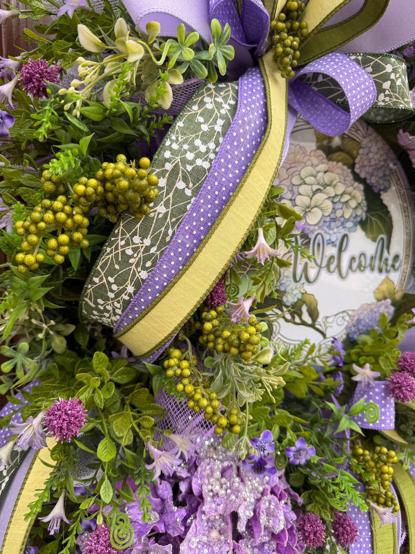 Purple Hydrangea Spring Wreath for Front Door, Welcome Wreath, Lavender Green Floral Wreath, Farmhouse Door Decor, Summer Wreath
