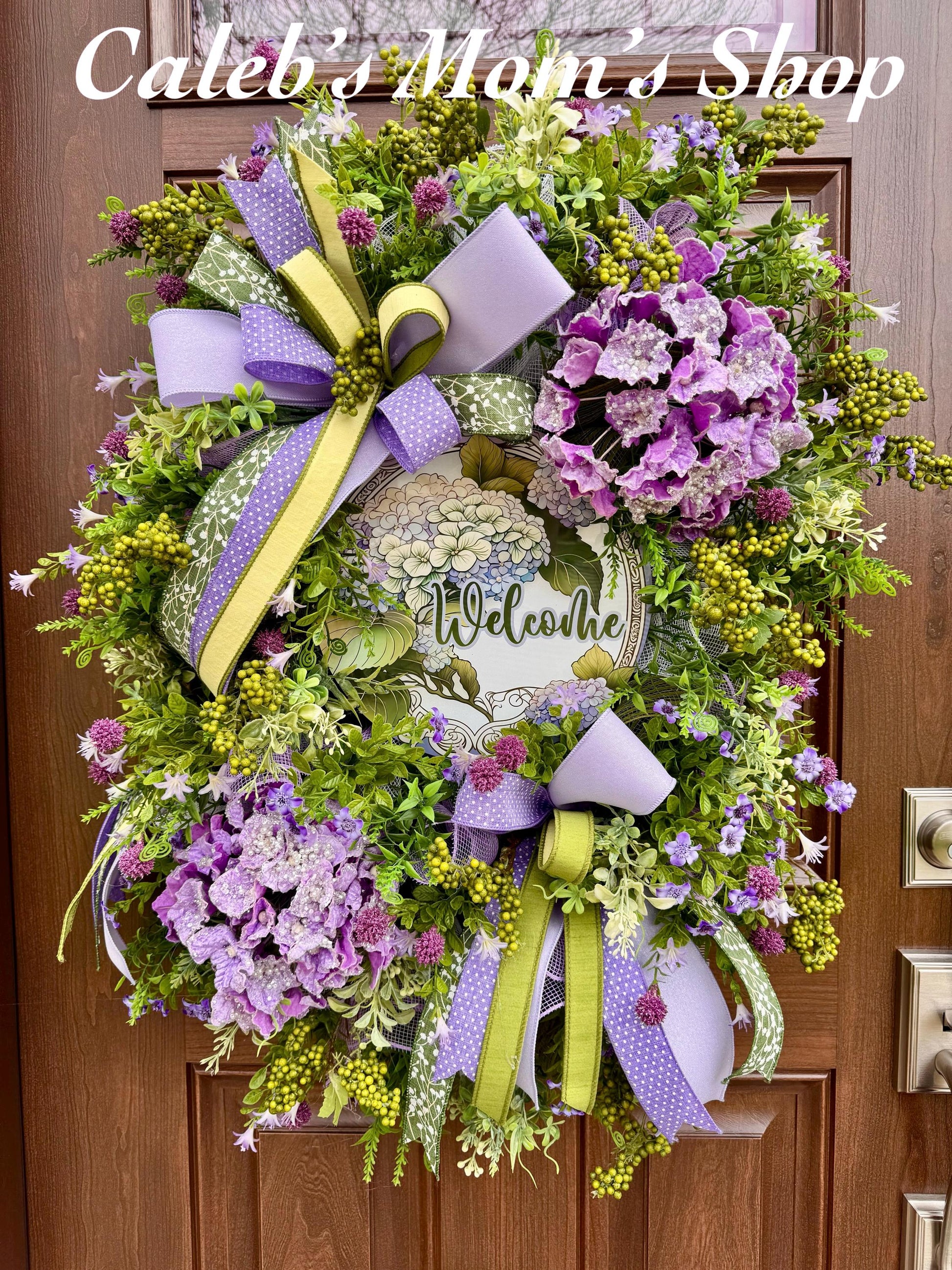 Purple Hydrangea Spring Wreath for Front Door, Welcome Wreath, Lavender Green Floral Wreath, Farmhouse Door Decor, Summer Wreath