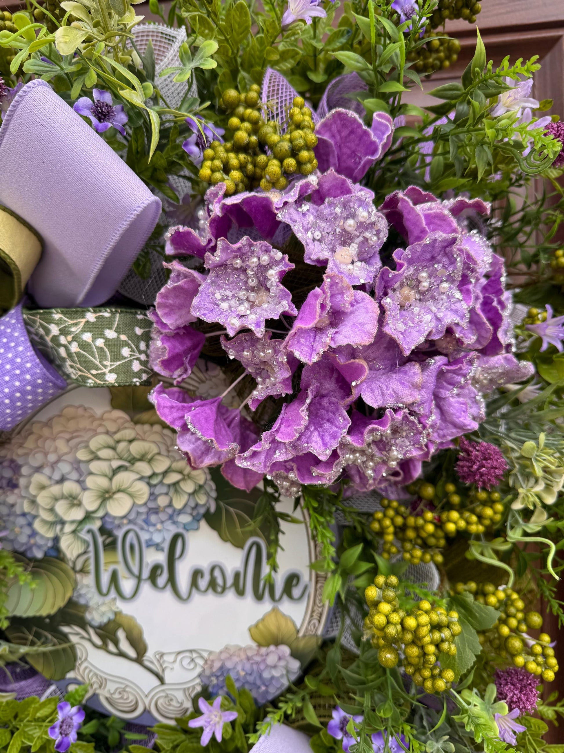 Purple Hydrangea Spring Wreath for Front Door, Welcome Wreath, Lavender Green Floral Wreath, Farmhouse Door Decor, Summer Wreath