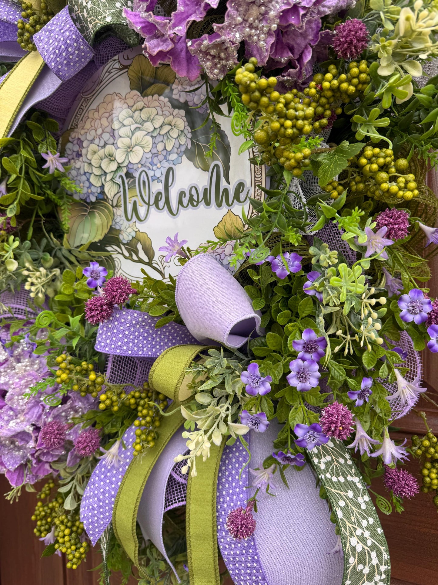 Purple Hydrangea Spring Wreath for Front Door, Welcome Wreath, Lavender Green Floral Wreath, Farmhouse Door Decor, Summer Wreath