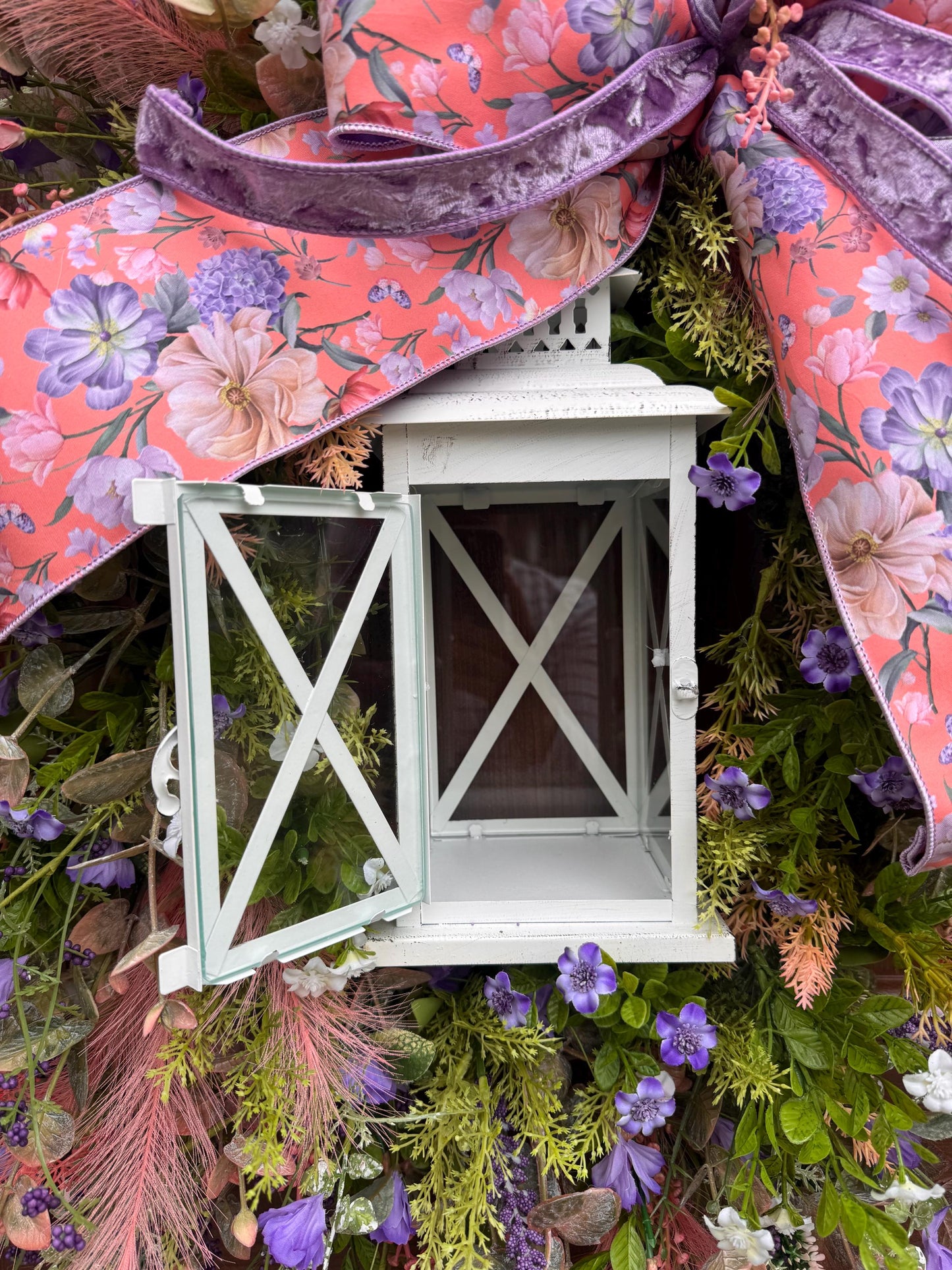 Spring Floral Lantern Wreath, Pink Purple Wildflower Wreath, Cottage Garden Door Decor, Large Front Door Wreath, Mother’s Day Gift