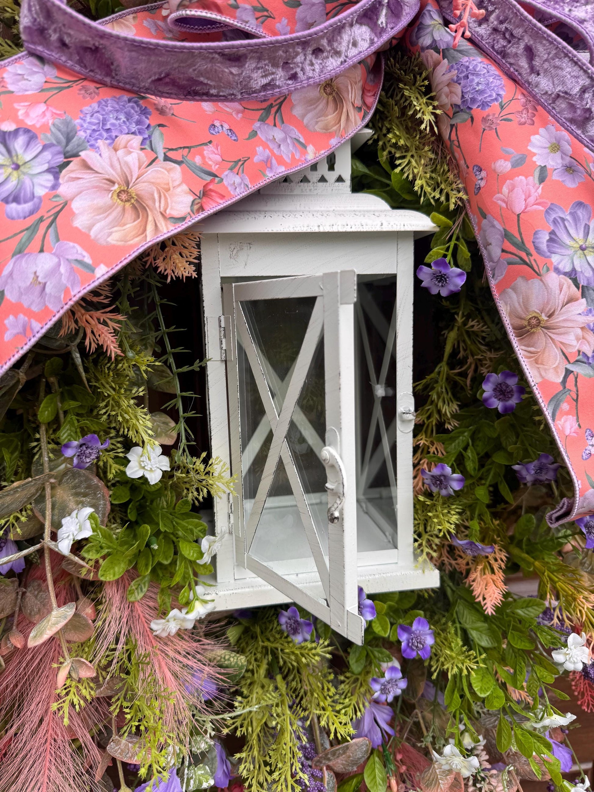 Spring Floral Lantern Wreath, Pink Purple Wildflower Wreath, Cottage Garden Door Decor, Large Front Door Wreath, Mother’s Day Gift