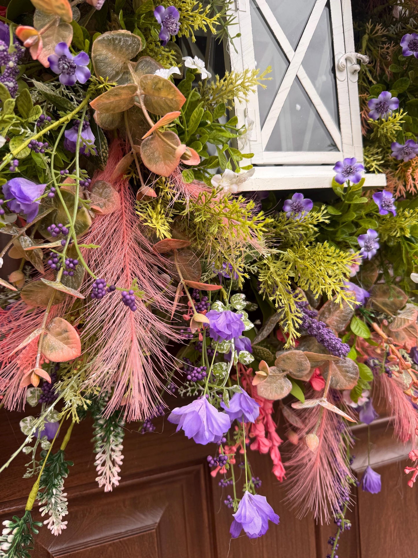 Spring Floral Lantern Wreath, Pink Purple Wildflower Wreath, Cottage Garden Door Decor, Large Front Door Wreath, Mother’s Day Gift