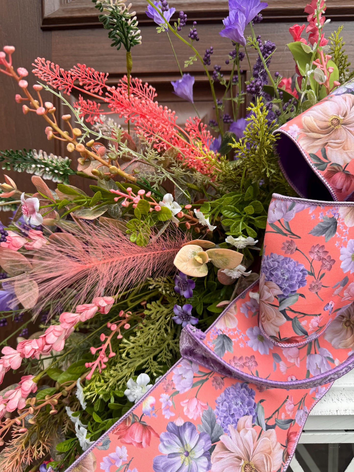 Spring Floral Lantern Wreath, Pink Purple Wildflower Wreath, Cottage Garden Door Decor, Large Front Door Wreath, Mother’s Day Gift