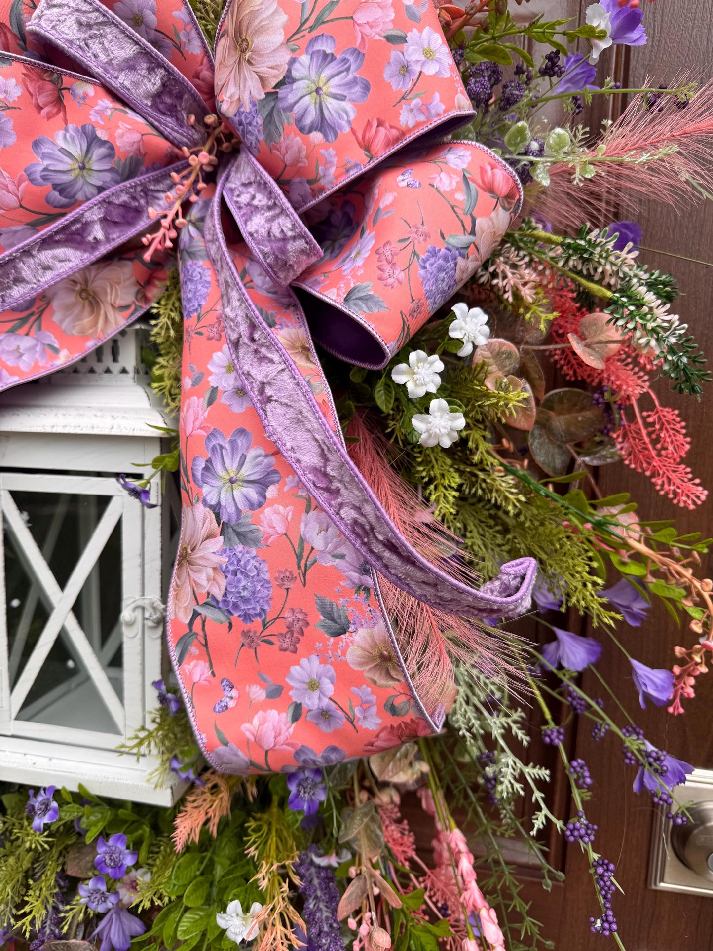 Spring Floral Lantern Wreath, Pink Purple Wildflower Wreath, Cottage Garden Door Decor, Large Front Door Wreath, Mother’s Day Gift