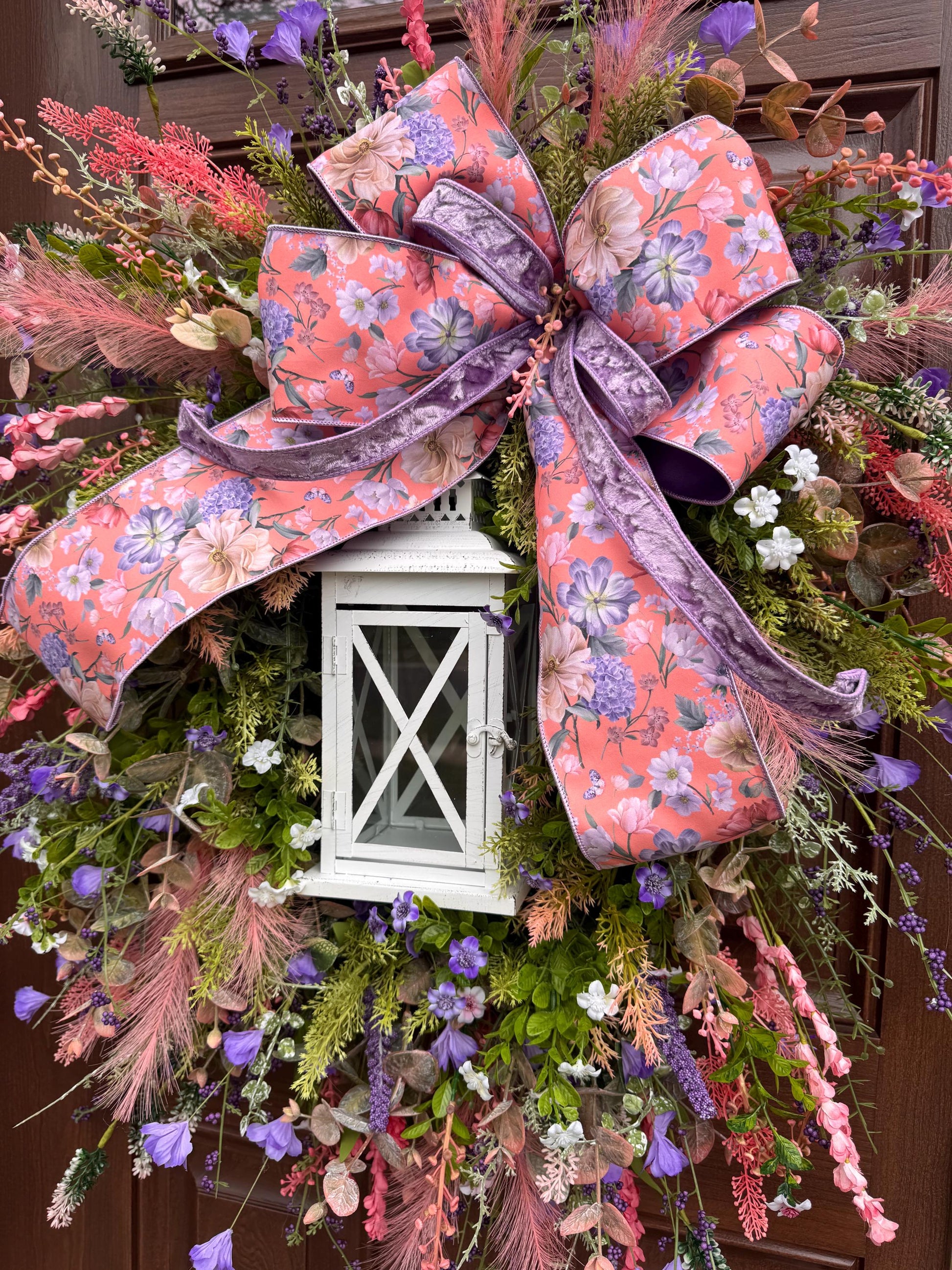 Spring Floral Lantern Wreath, Pink Purple Wildflower Wreath, Cottage Garden Door Decor, Large Front Door Wreath, Mother’s Day Gift