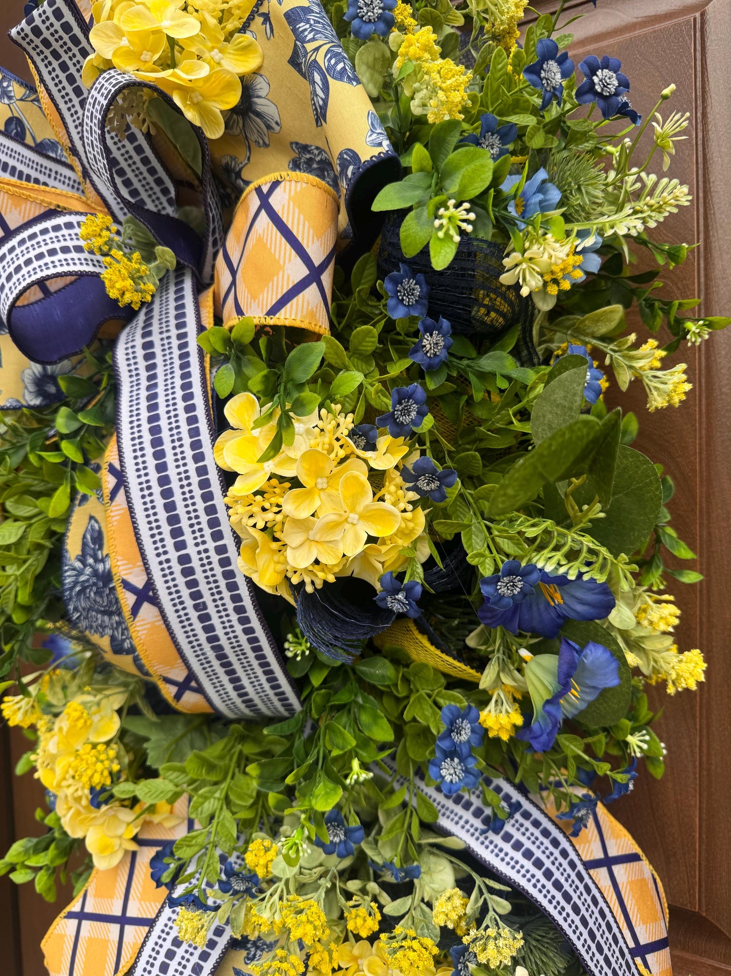 Spring Floral Wreath for Front Door, Blue Yellow Wreath, Mothers Day Gift for Her, Handmade Summer Wreath, Farmhouse Decor