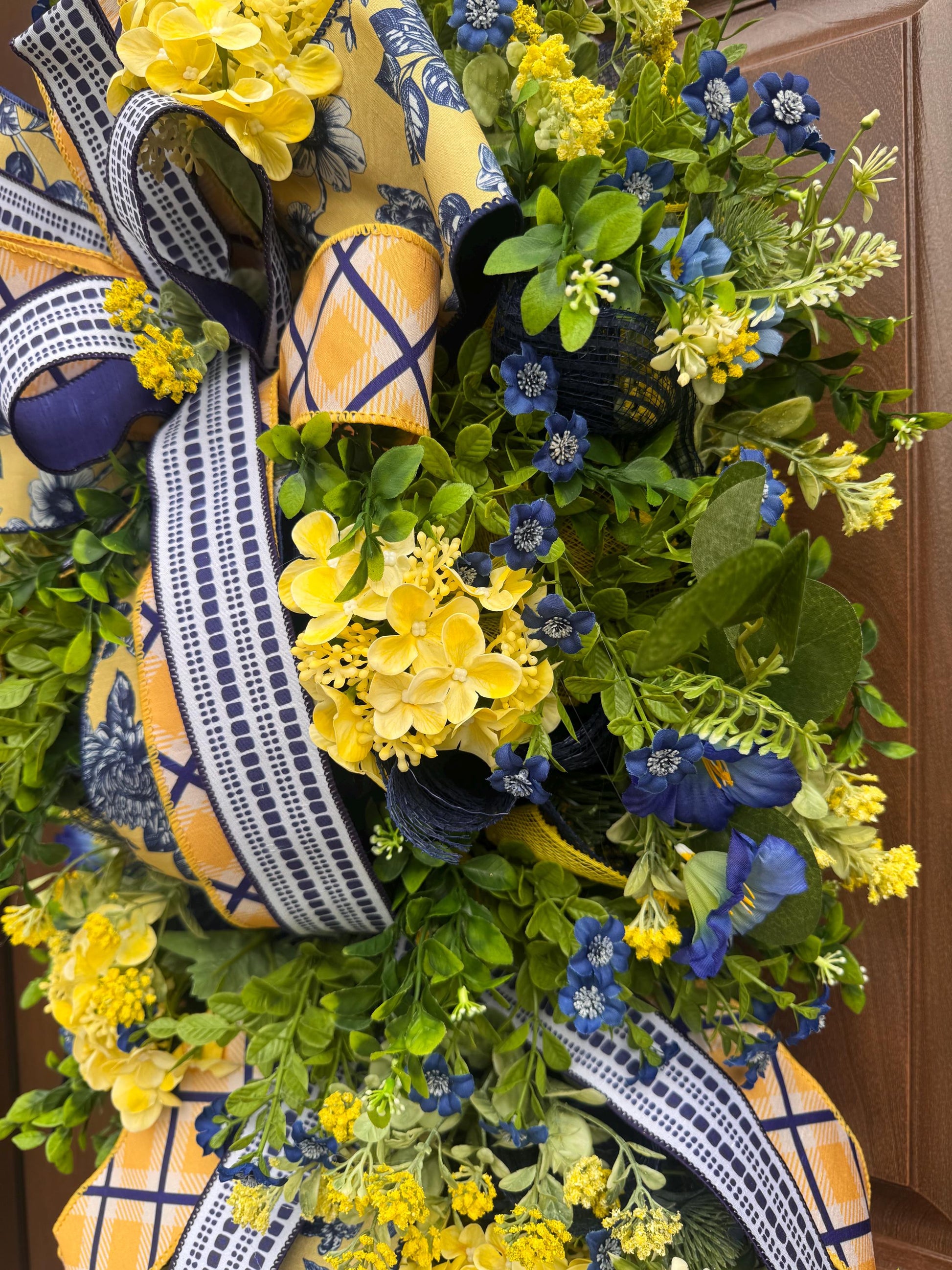 Spring Floral Wreath for Front Door, Blue Yellow Wreath, Mothers Day Gift for Her, Handmade Summer Wreath, Farmhouse Decor
