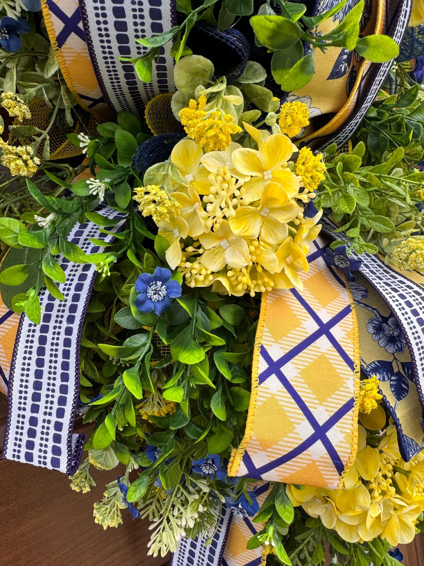 Spring Floral Wreath for Front Door, Blue Yellow Wreath, Mothers Day Gift for Her, Handmade Summer Wreath, Farmhouse Decor