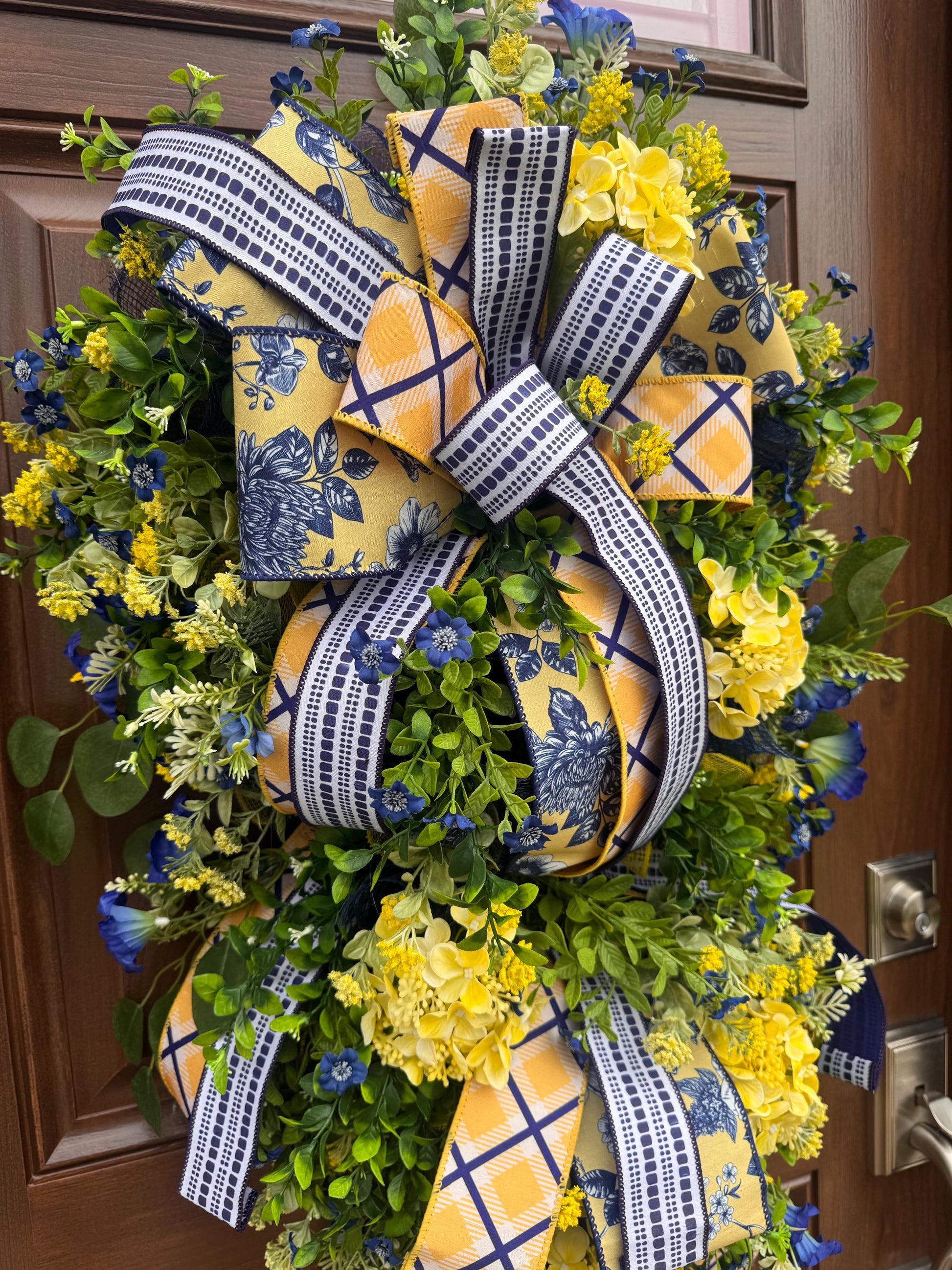Spring Floral Wreath for Front Door, Blue Yellow Wreath, Mothers Day Gift for Her, Handmade Summer Wreath, Farmhouse Decor