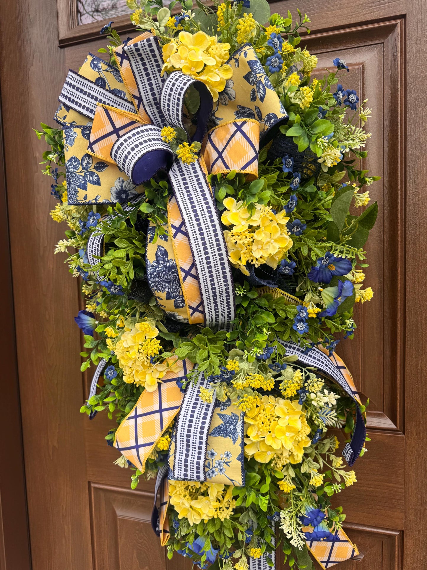 Spring Floral Wreath for Front Door, Blue Yellow Wreath, Mothers Day Gift for Her, Handmade Summer Wreath, Farmhouse Decor