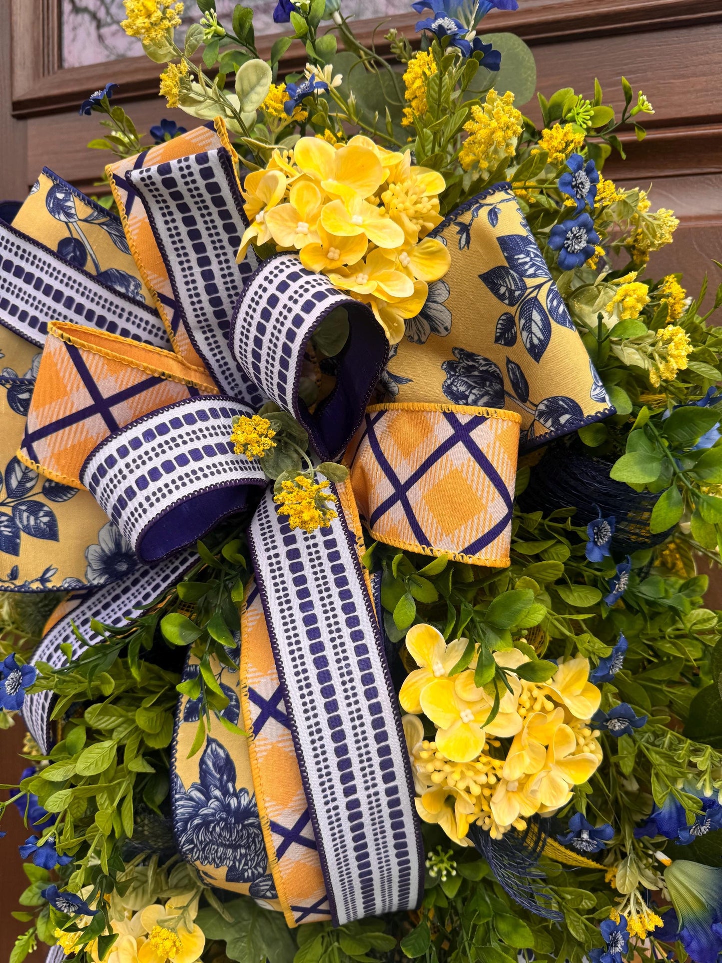 Spring Floral Wreath for Front Door, Blue Yellow Wreath, Mothers Day Gift for Her, Handmade Summer Wreath, Farmhouse Decor