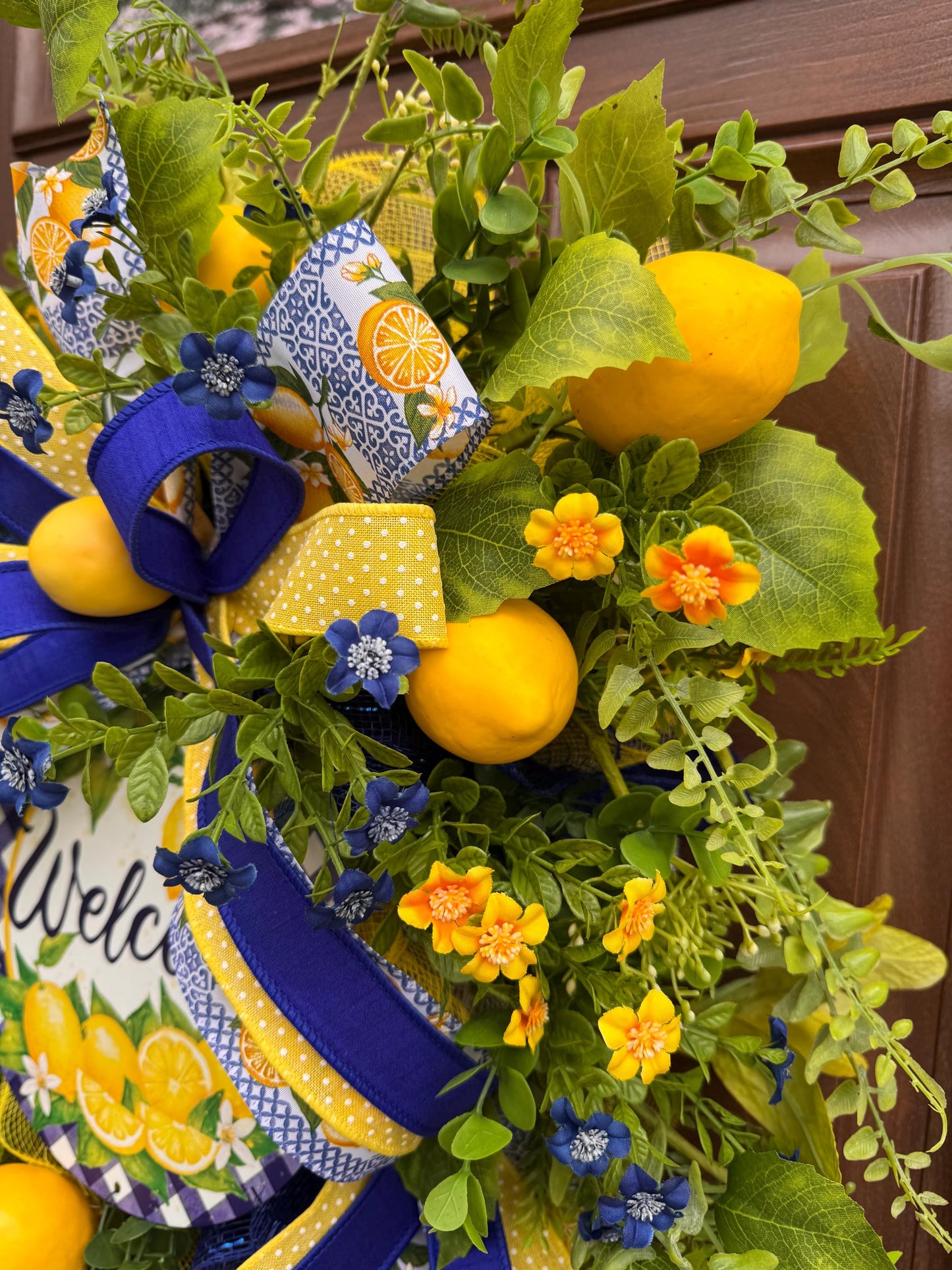 Spring Lemon Wreath for Front Door, Summer Citrus Wreath, Yellow Blue Floral Wreath, Welcome Door Hanger, Farmhouse Spring Decor