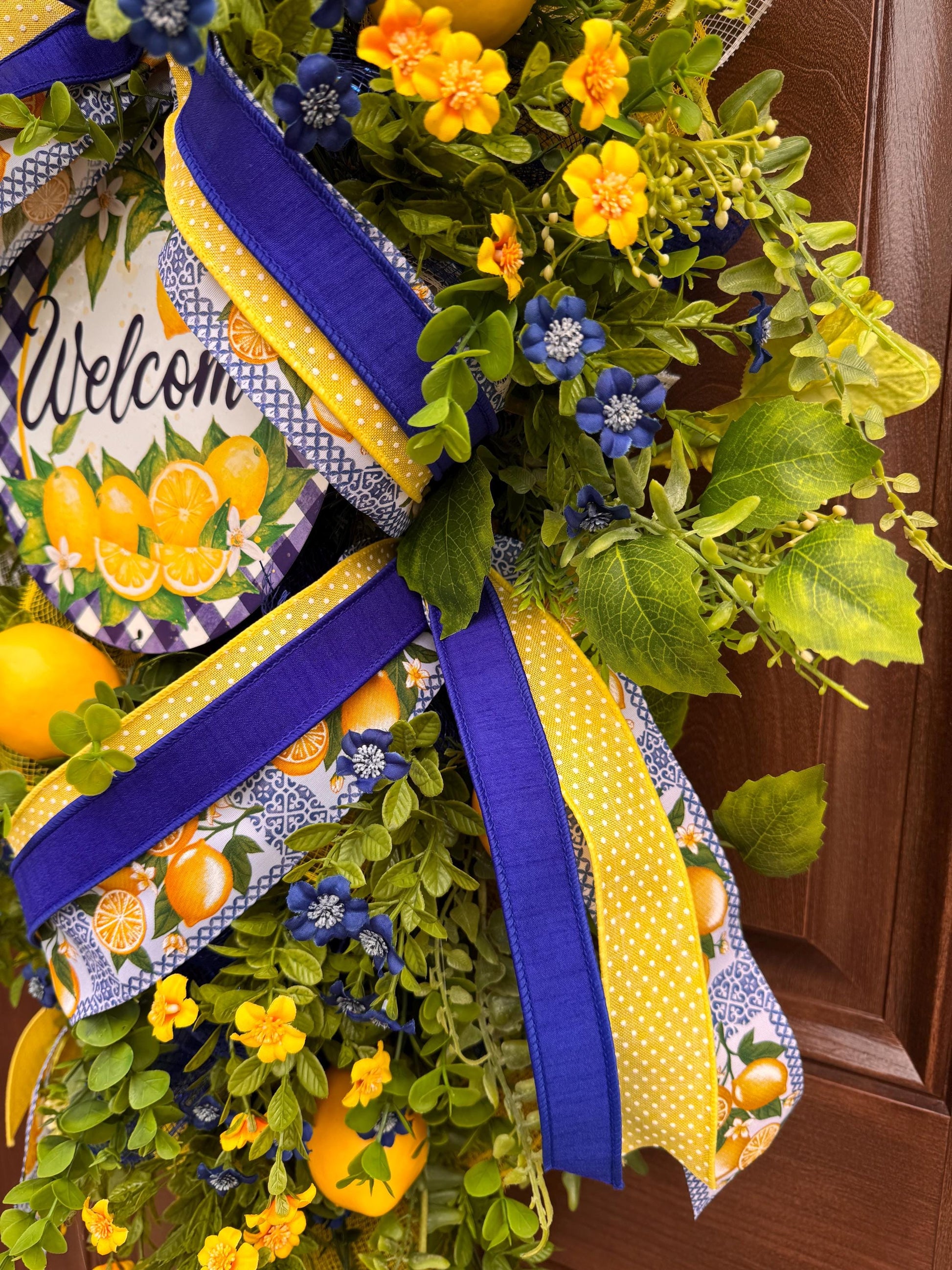 Spring Lemon Wreath for Front Door, Summer Citrus Wreath, Yellow Blue Floral Wreath, Welcome Door Hanger, Farmhouse Spring Decor