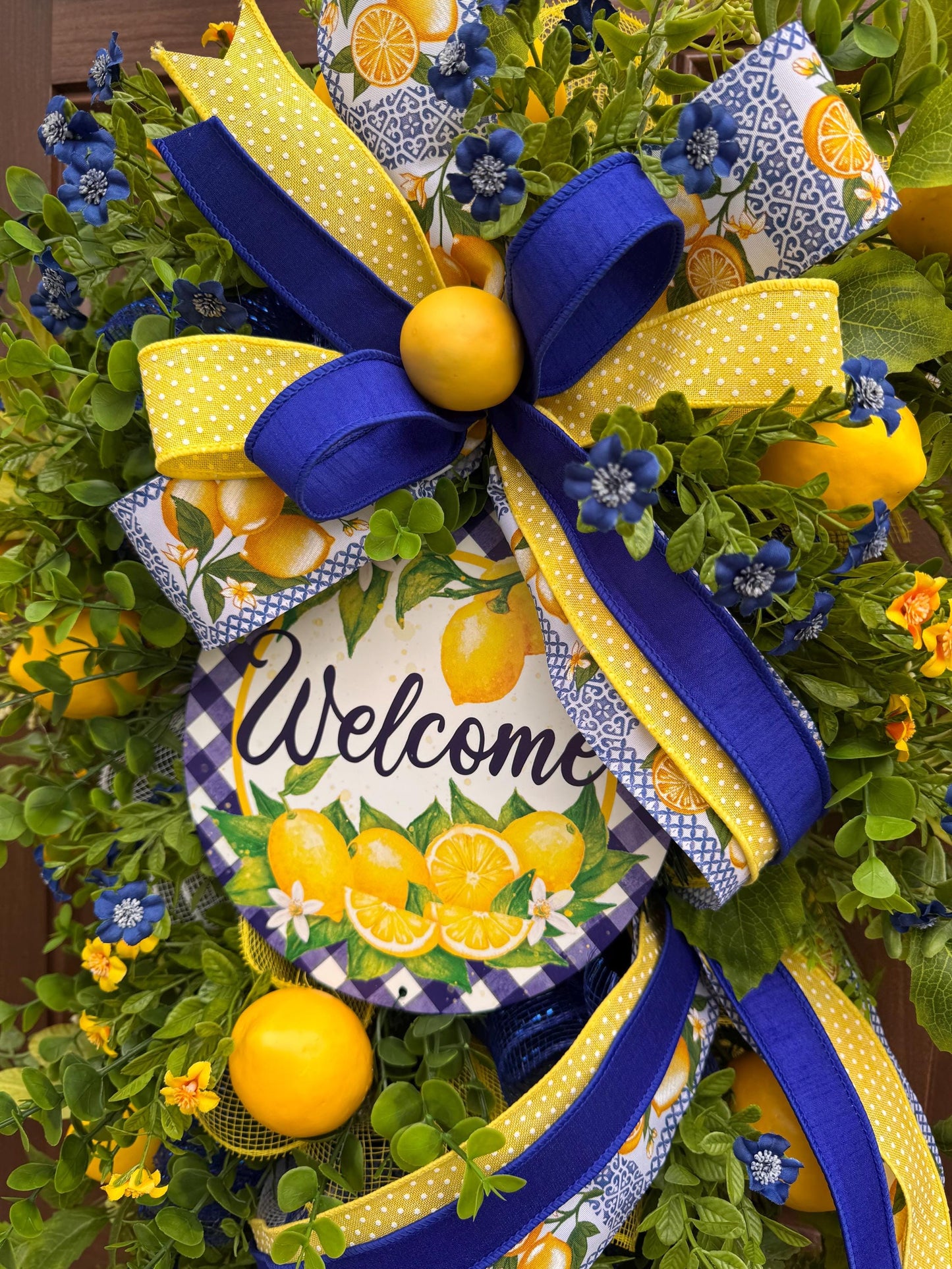 Spring Lemon Wreath for Front Door, Summer Citrus Wreath, Yellow Blue Floral Wreath, Welcome Door Hanger, Farmhouse Spring Decor