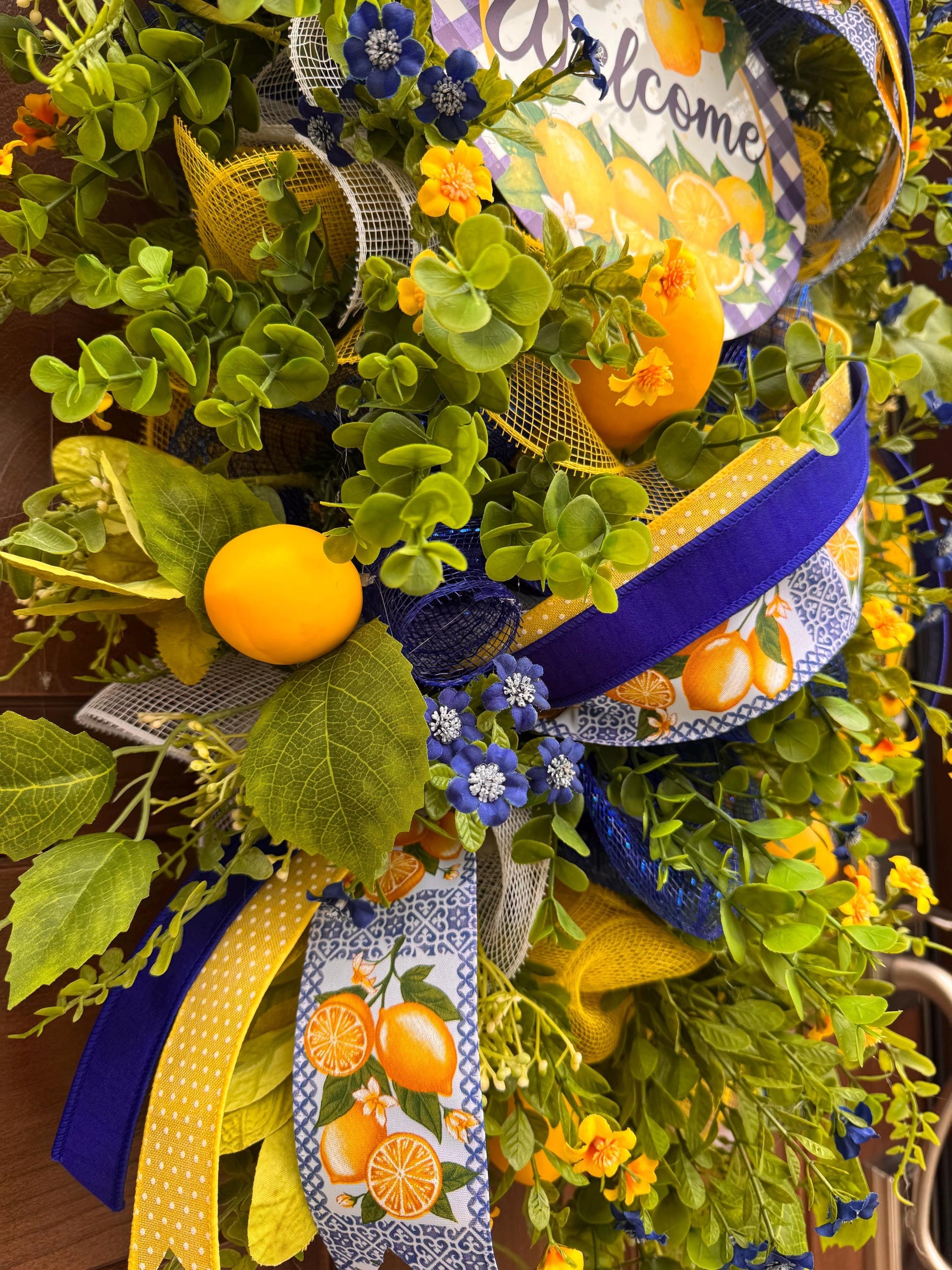 Spring Lemon Wreath for Front Door, Summer Citrus Wreath, Yellow Blue Floral Wreath, Welcome Door Hanger, Farmhouse Spring Decor
