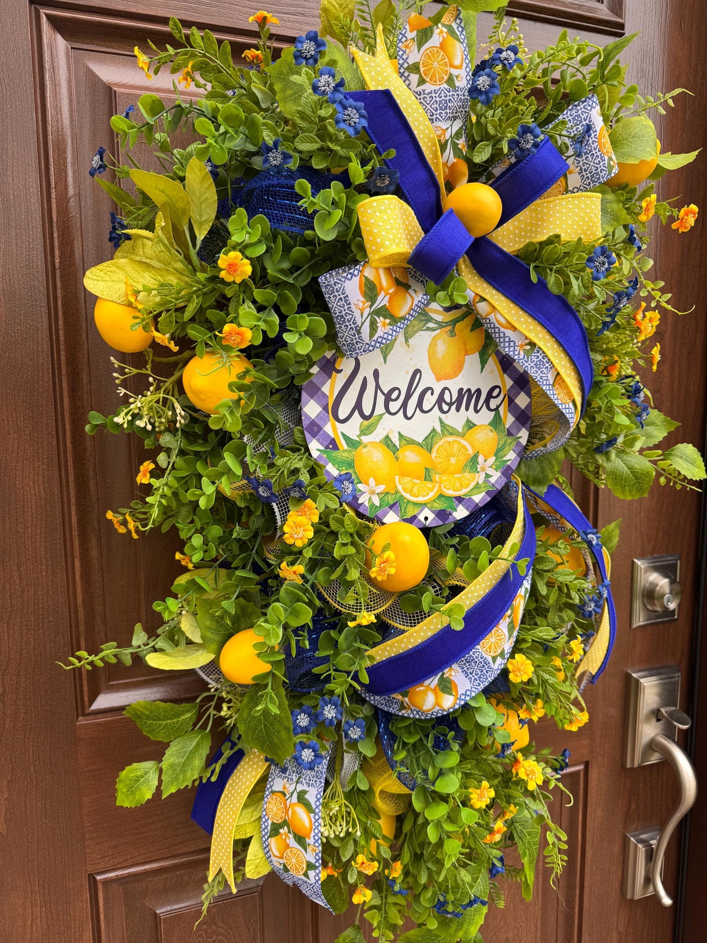 Spring Lemon Wreath for Front Door, Summer Citrus Wreath, Yellow Blue Floral Wreath, Welcome Door Hanger, Farmhouse Spring Decor