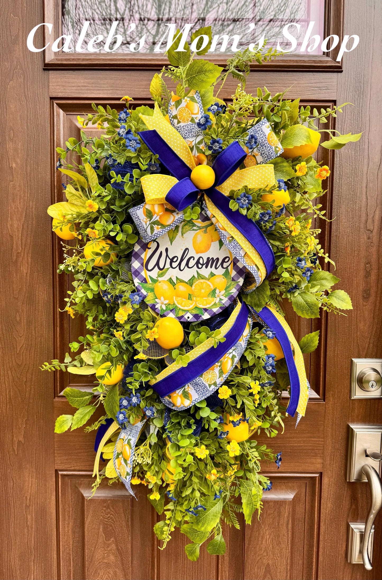 Spring Lemon Wreath for Front Door, Summer Citrus Wreath, Yellow Blue Floral Wreath, Welcome Door Hanger, Farmhouse Spring Decor