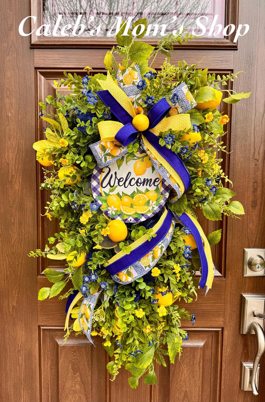 Spring Lemon Wreath for Front Door, Summer Citrus Wreath, Yellow Blue Floral Wreath, Welcome Door Hanger, Farmhouse Spring Decor