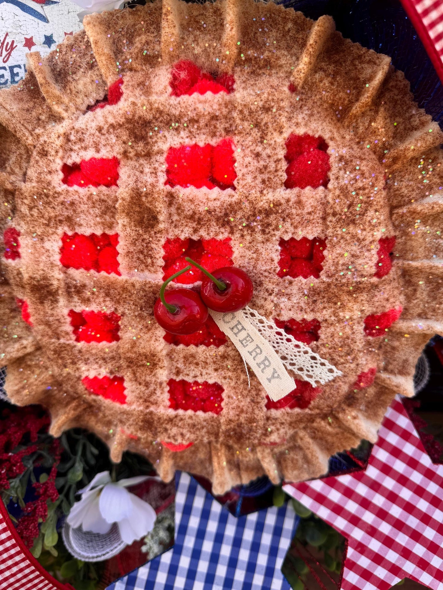 Patriotic Cherry Pie Wreath, 4th of July Front Door Decor, Americana Summer Wreath, Red White Blue Rustic Farmhouse Wreath