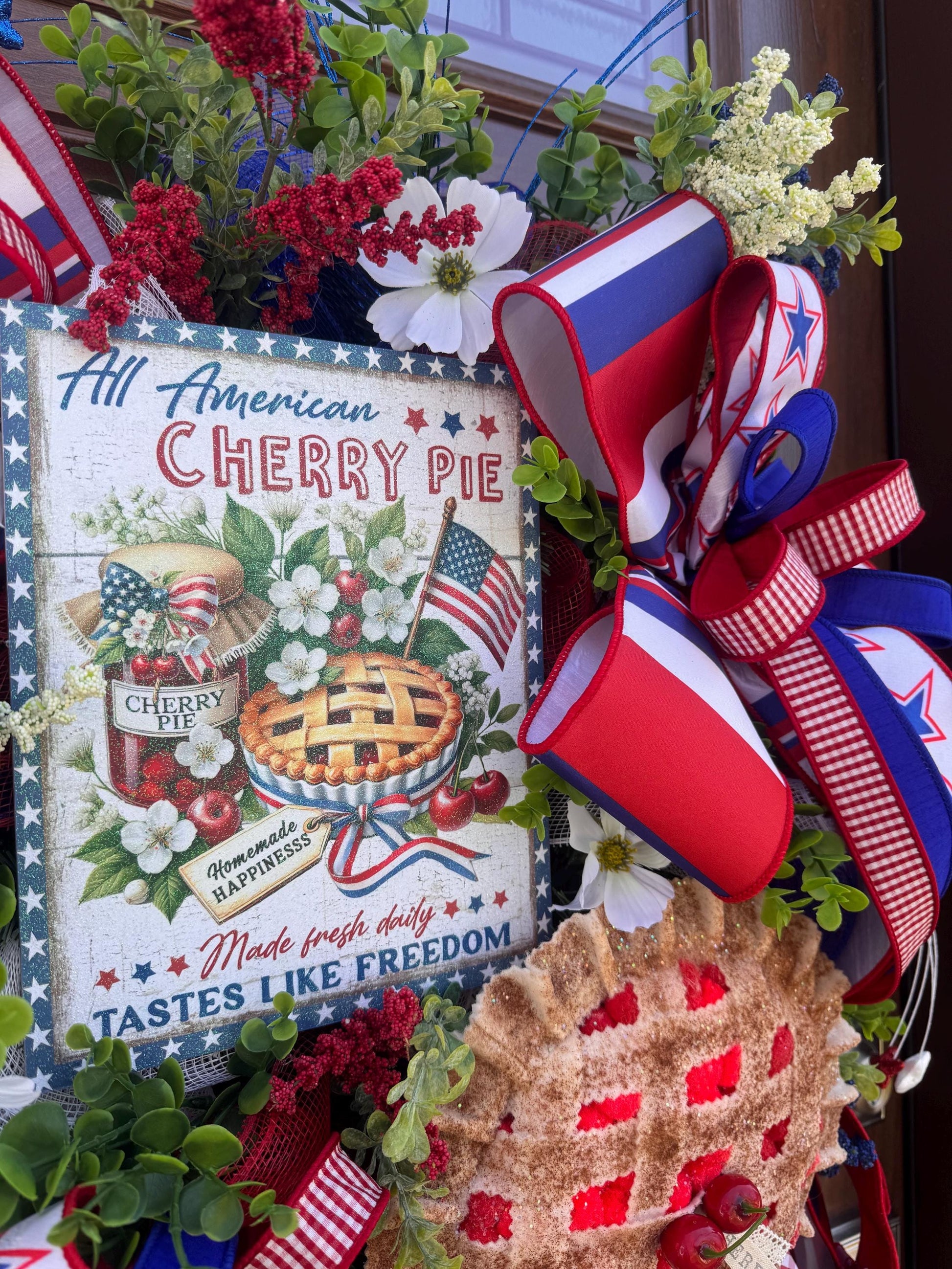 Patriotic Cherry Pie Wreath, 4th of July Front Door Decor, Americana Summer Wreath, Red White Blue Rustic Farmhouse Wreath