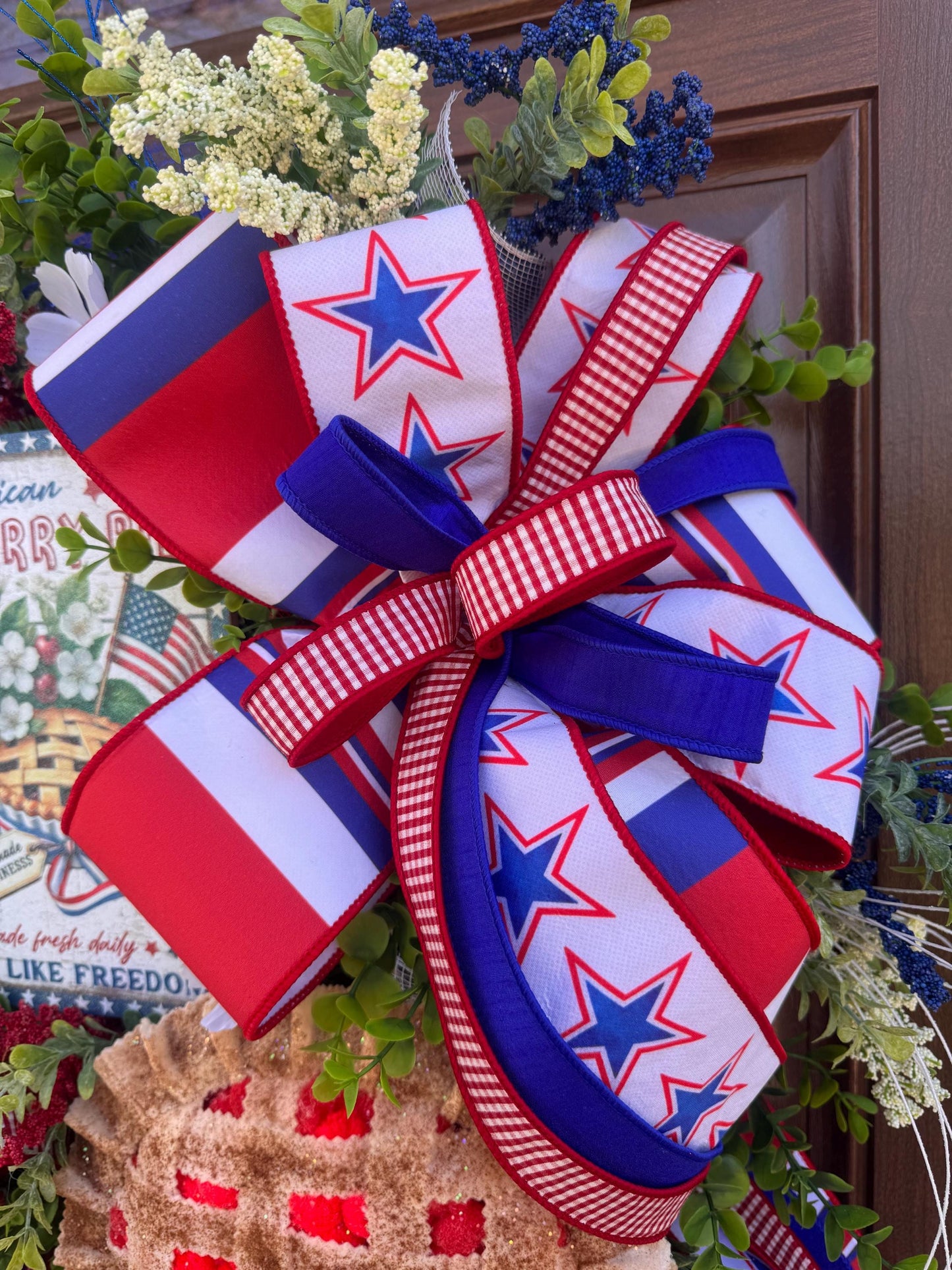 Patriotic Cherry Pie Wreath, 4th of July Front Door Decor, Americana Summer Wreath, Red White Blue Rustic Farmhouse Wreath