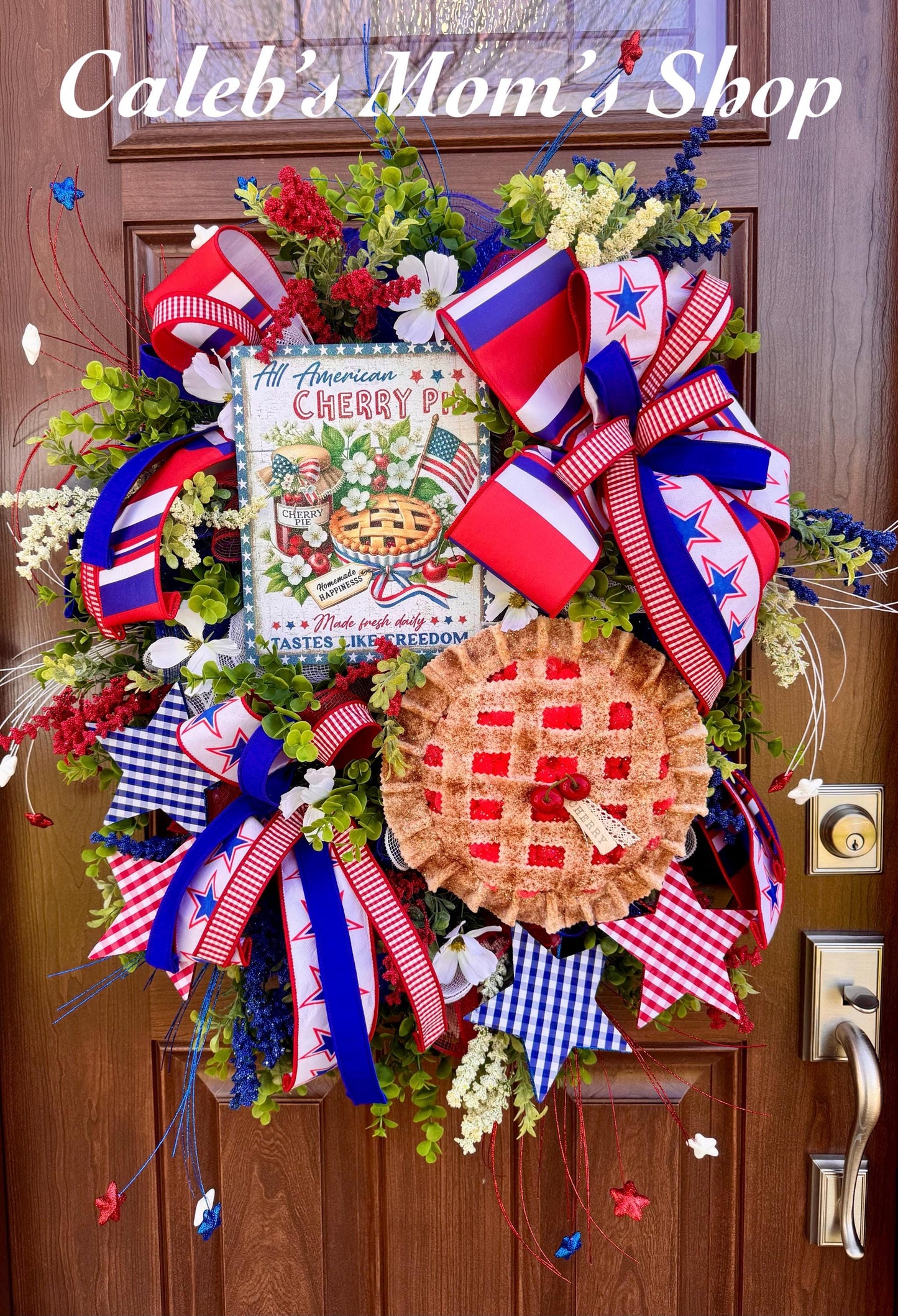 Patriotic Cherry Pie Wreath, 4th of July Front Door Decor, Americana Summer Wreath, Red White Blue Rustic Farmhouse Wreath