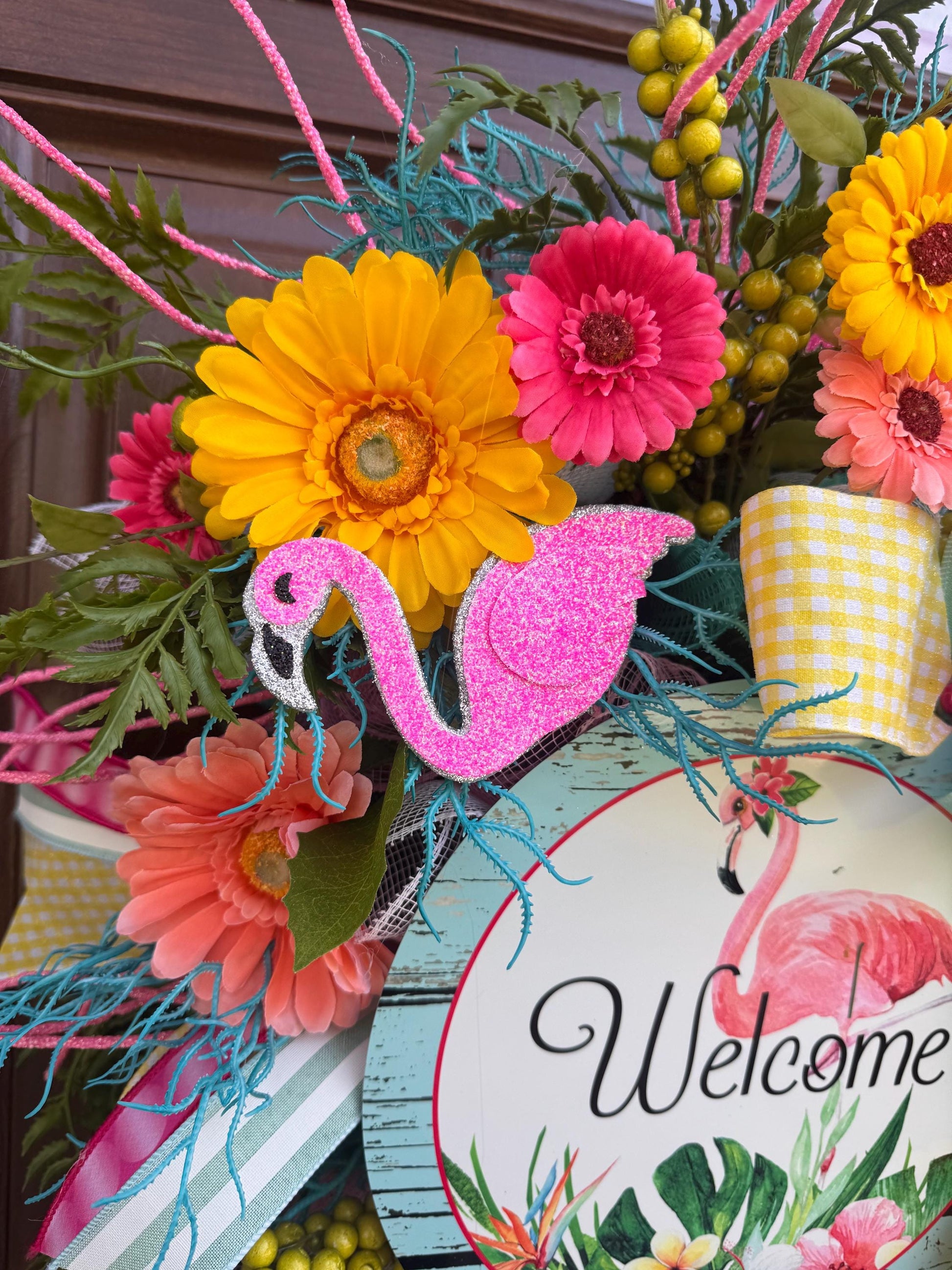 Flamingo Welcome Wreath, Tropical Summer Door Swag, Pink Yellow Teal Front Door Decor, Bright Floral Wreath, Beach House Accent