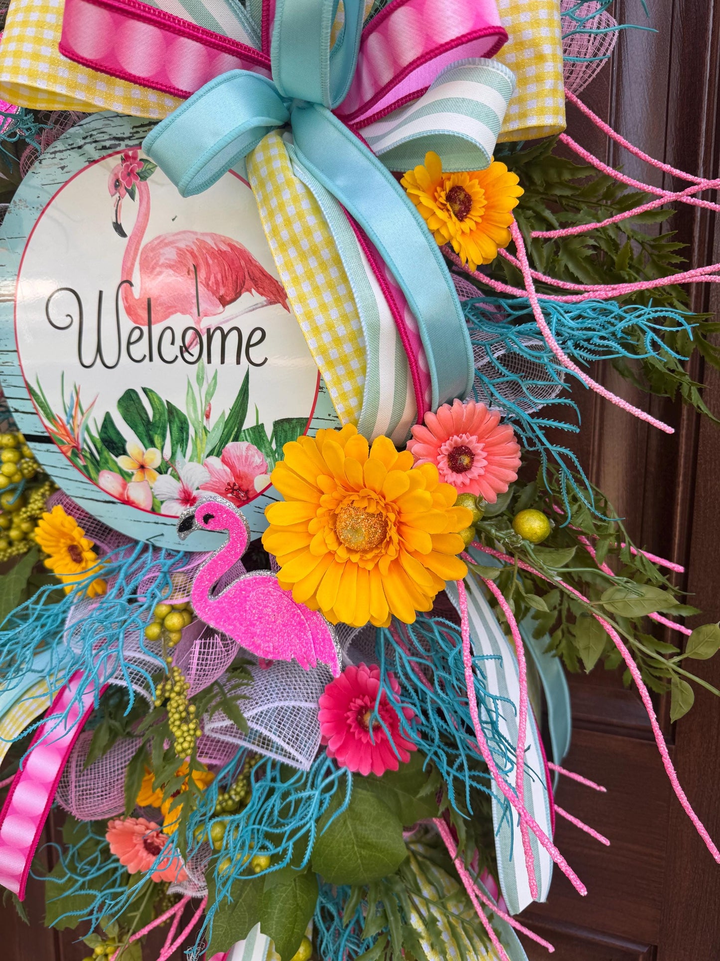 Flamingo Welcome Wreath, Tropical Summer Door Swag, Pink Yellow Teal Front Door Decor, Bright Floral Wreath, Beach House Accent