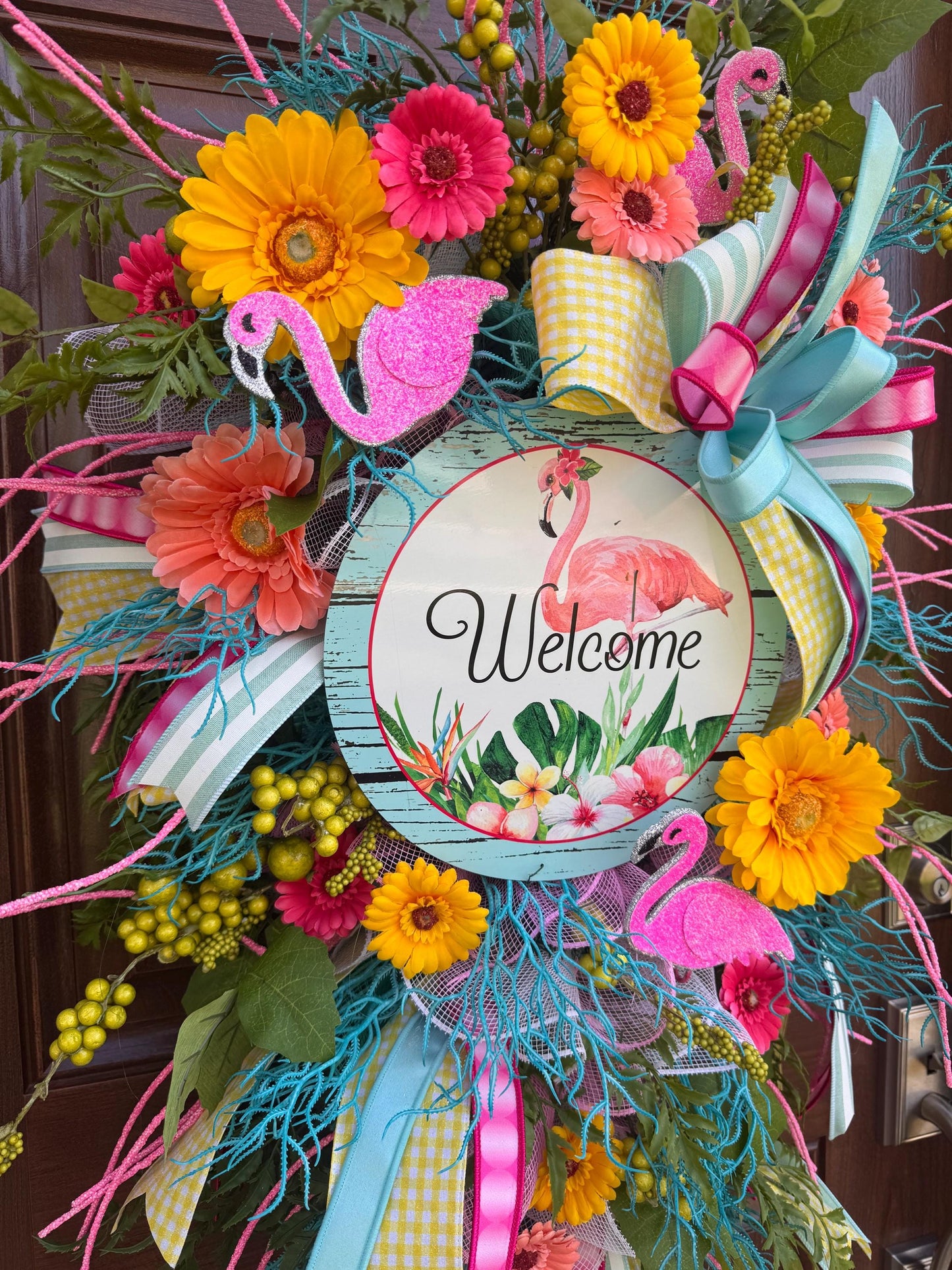 Flamingo Welcome Wreath, Tropical Summer Door Swag, Pink Yellow Teal Front Door Decor, Bright Floral Wreath, Beach House Accent
