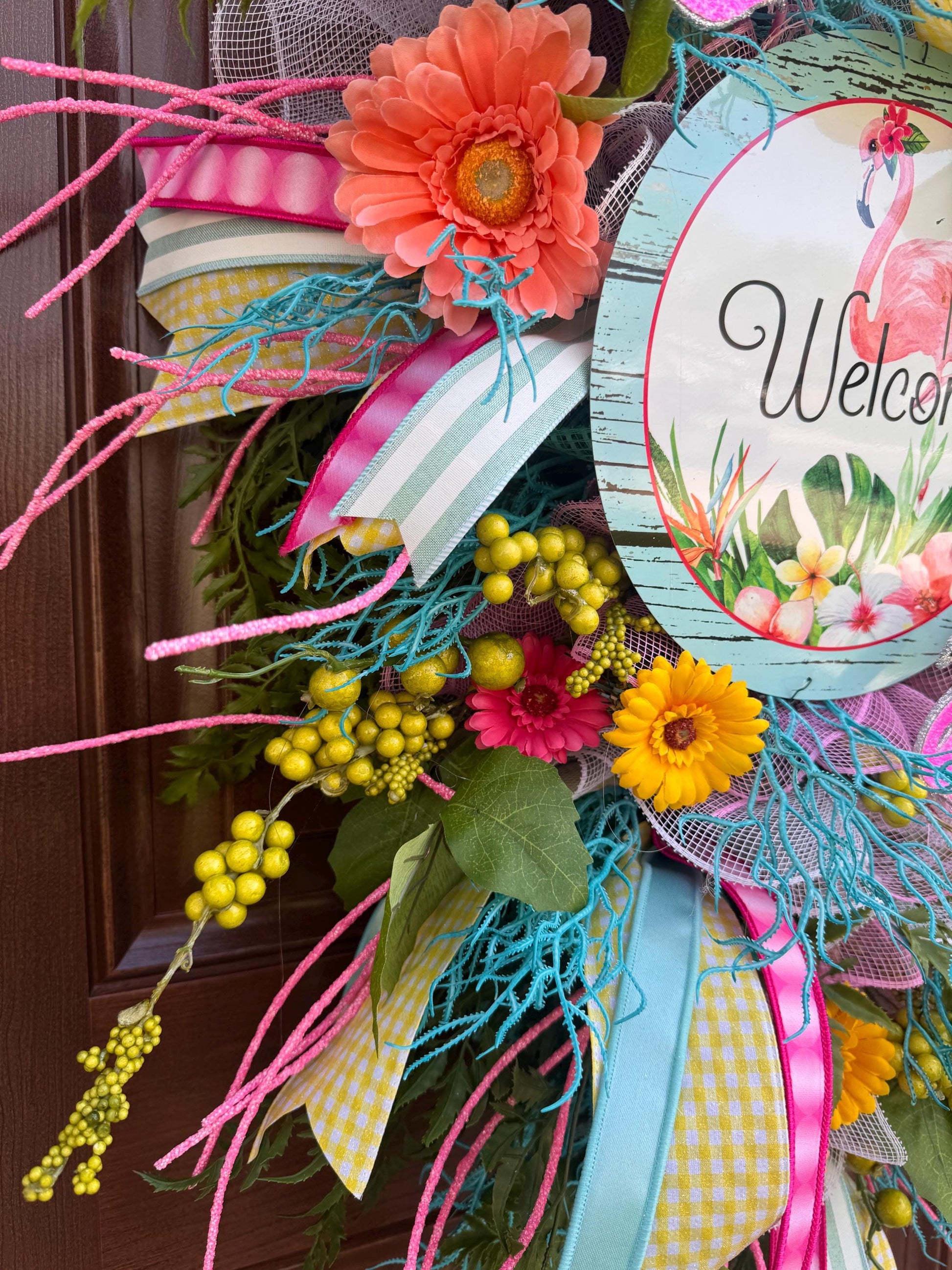 Flamingo Welcome Wreath, Tropical Summer Door Swag, Pink Yellow Teal Front Door Decor, Bright Floral Wreath, Beach House Accent