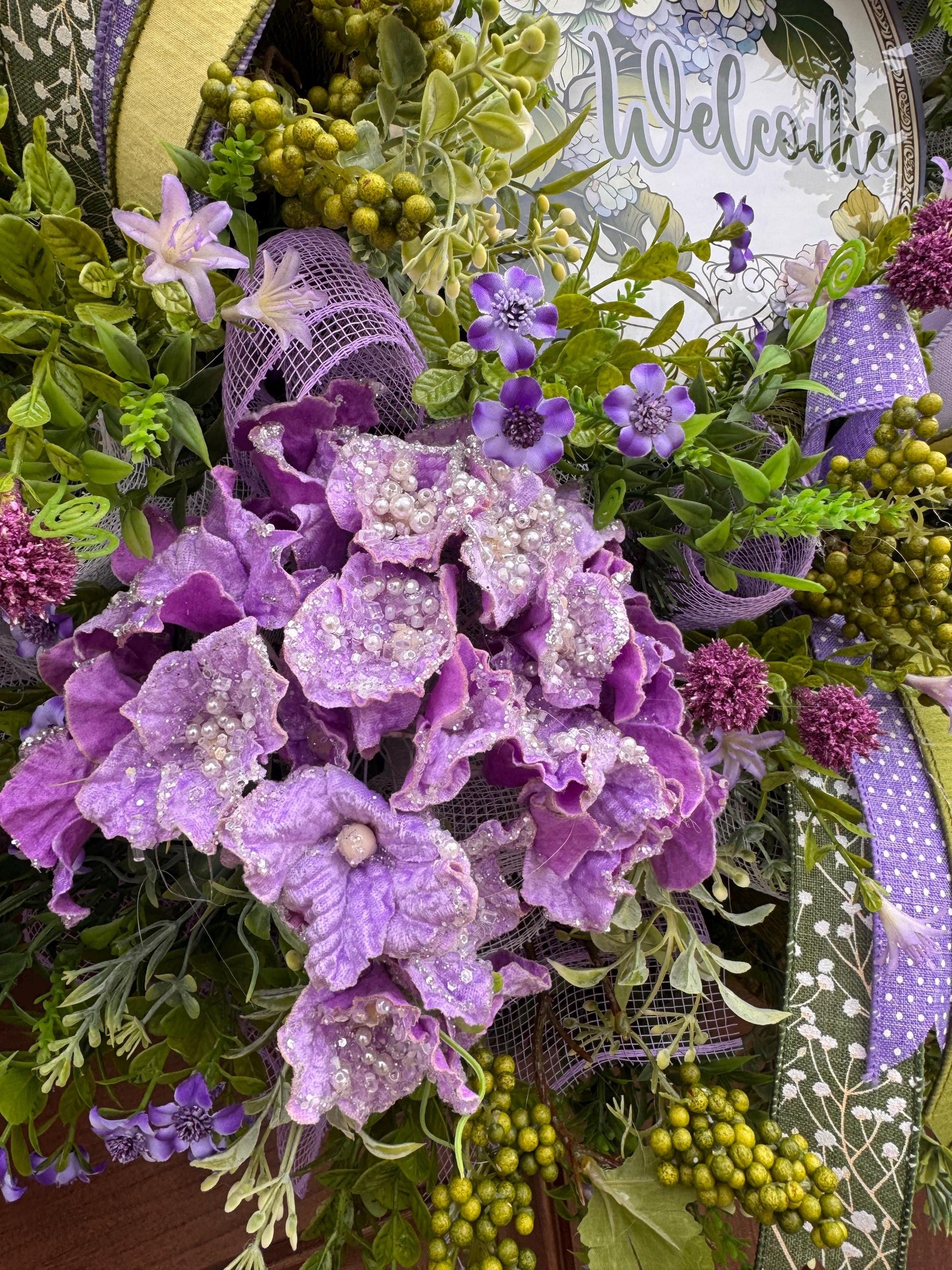 Purple Hydrangea Spring Wreath for Front Door, Welcome Wreath, Lavender Green Floral Wreath, Farmhouse Door Decor, Summer Wreath