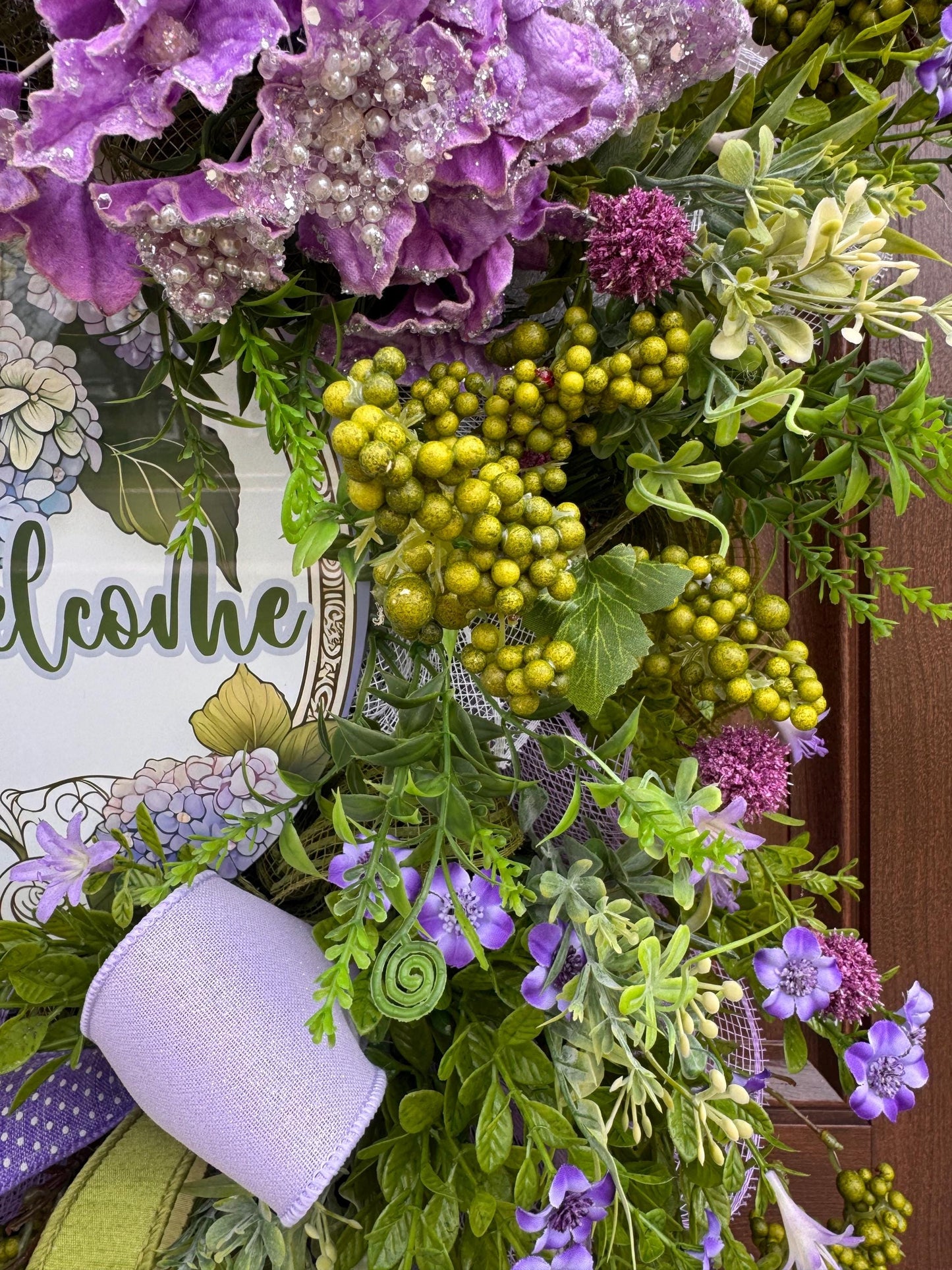 Purple Hydrangea Spring Wreath for Front Door, Welcome Wreath, Lavender Green Floral Wreath, Farmhouse Door Decor, Summer Wreath