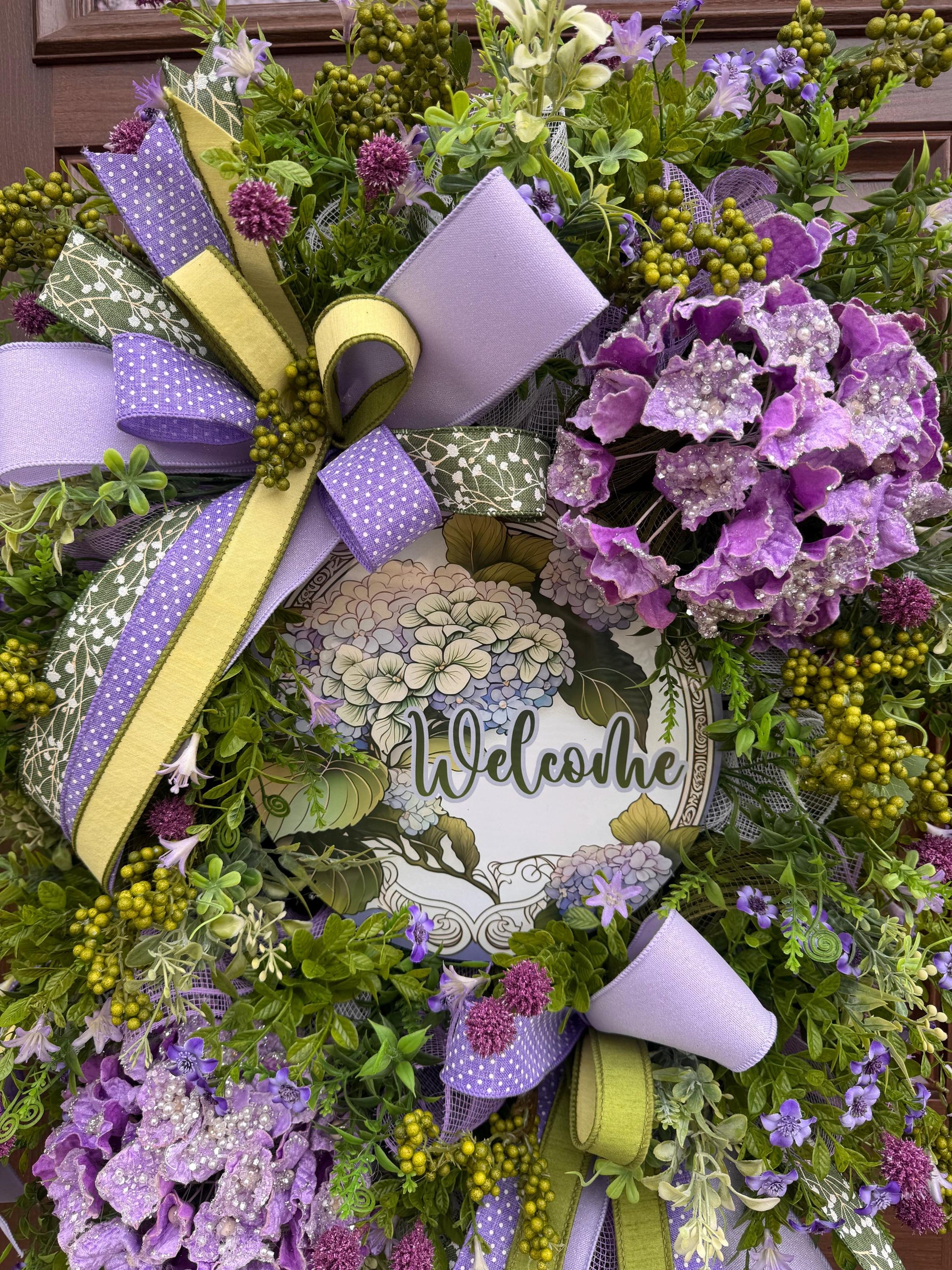 Purple Hydrangea Spring Wreath for Front Door, Welcome Wreath, Lavender Green Floral Wreath, Farmhouse Door Decor, Summer Wreath