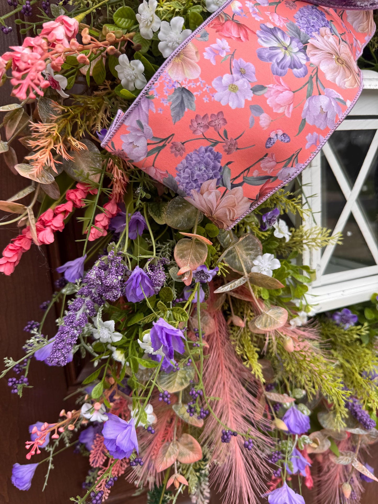Spring Floral Lantern Wreath, Pink Purple Wildflower Wreath, Cottage Garden Door Decor, Large Front Door Wreath, Mother’s Day Gift