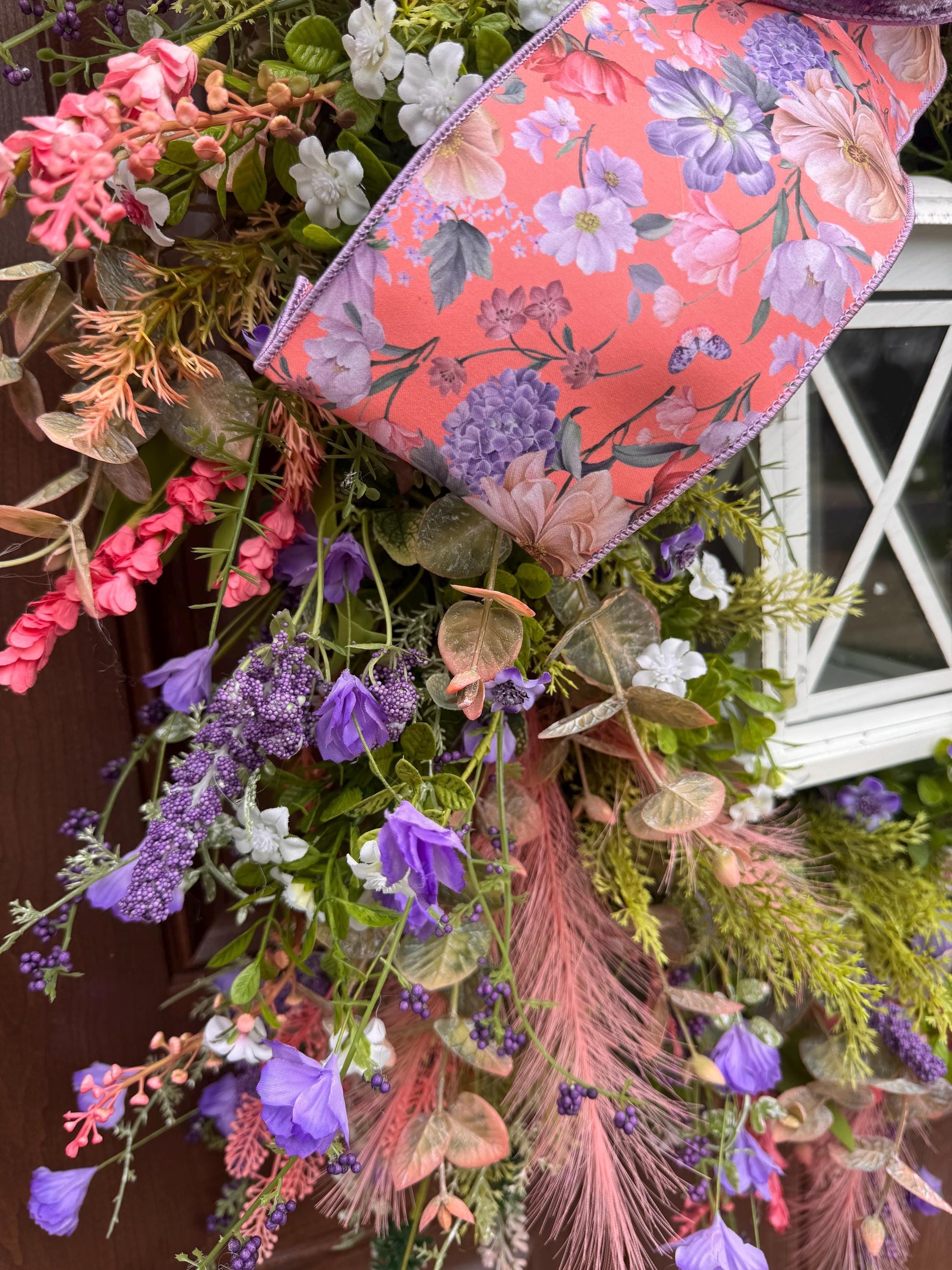 Spring Floral Lantern Wreath, Pink Purple Wildflower Wreath, Cottage Garden Door Decor, Large Front Door Wreath, Mother’s Day Gift