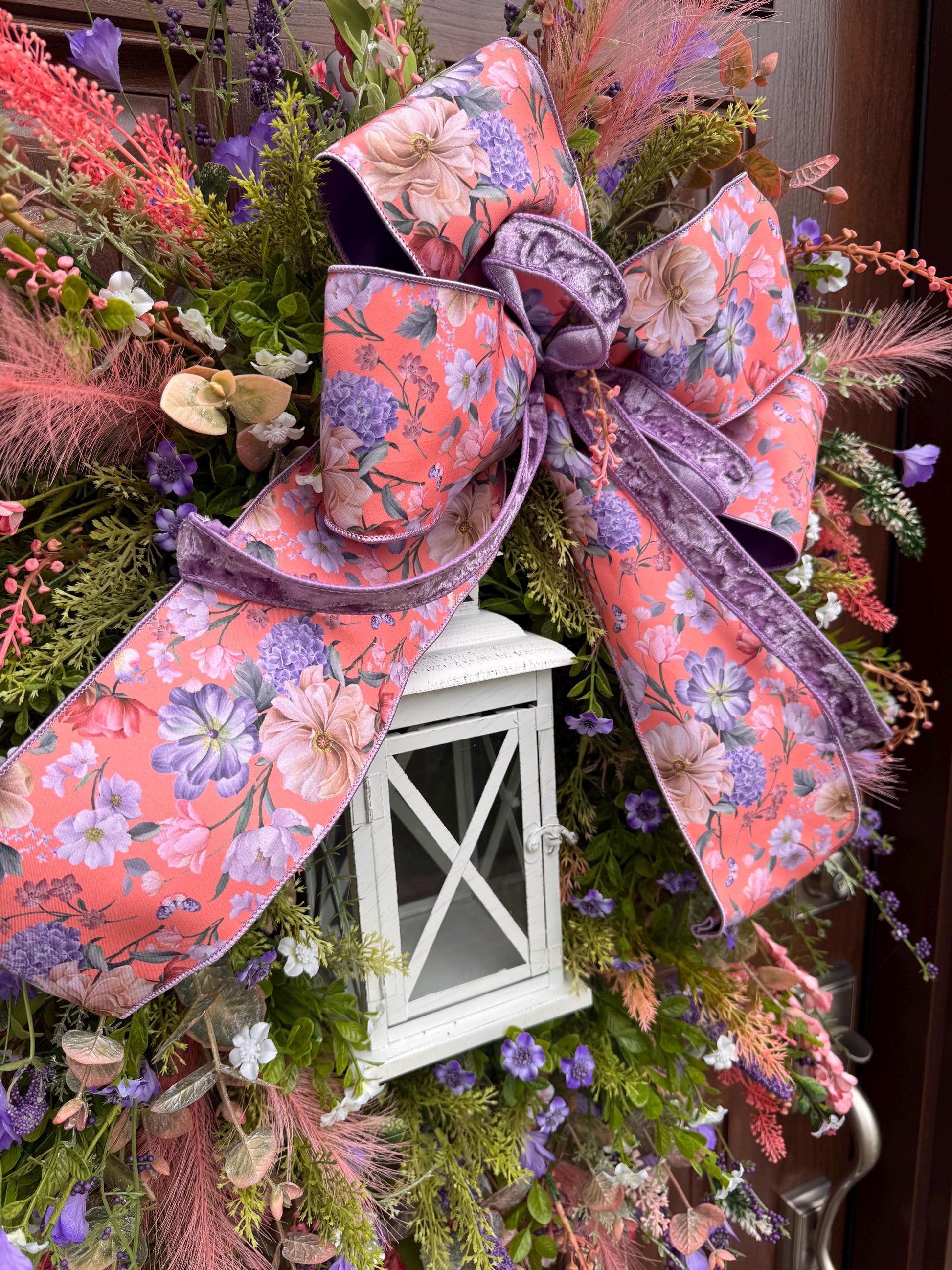 Spring Floral Lantern Wreath, Pink Purple Wildflower Wreath, Cottage Garden Door Decor, Large Front Door Wreath, Mother’s Day Gift