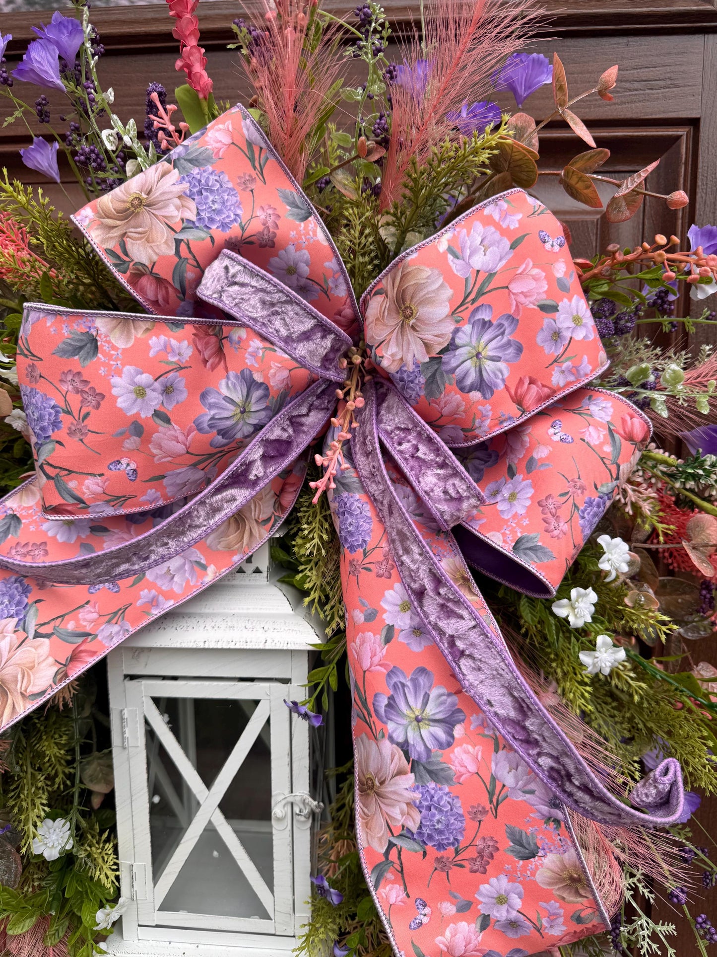 Spring Floral Lantern Wreath, Pink Purple Wildflower Wreath, Cottage Garden Door Decor, Large Front Door Wreath, Mother’s Day Gift