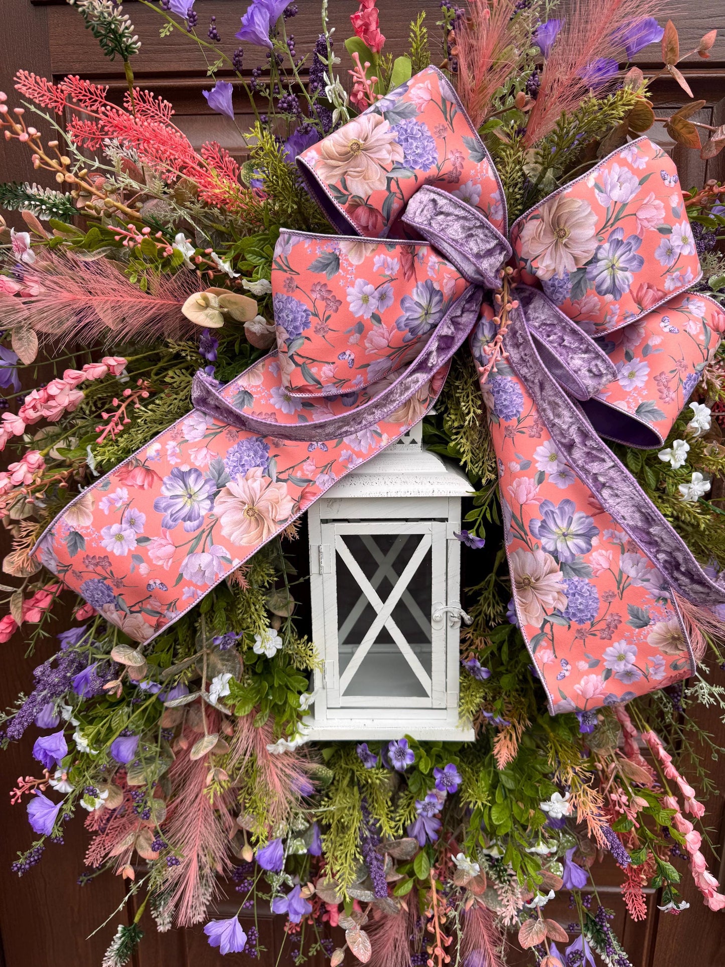 Spring Floral Lantern Wreath, Pink Purple Wildflower Wreath, Cottage Garden Door Decor, Large Front Door Wreath, Mother’s Day Gift
