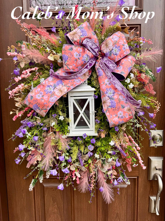 Spring Floral Lantern Wreath, Pink Purple Wildflower Wreath, Cottage Garden Door Decor, Large Front Door Wreath, Mother’s Day Gift