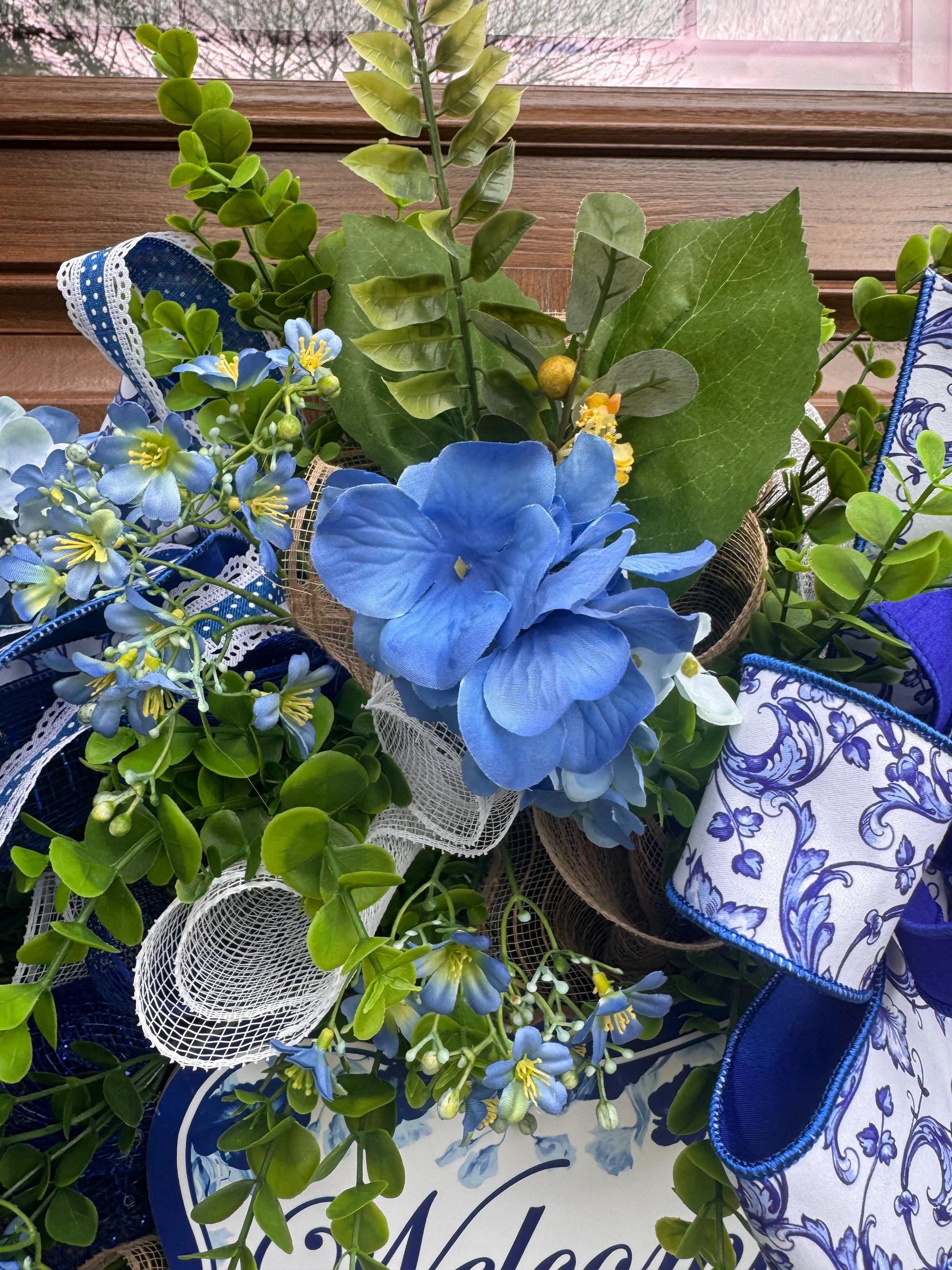 Blue Hydrangea Wreath, Welcome Door Wreath, Blue & White Front Door Decor, Spring Summer Wreath, Farmhouse Porch Decoration