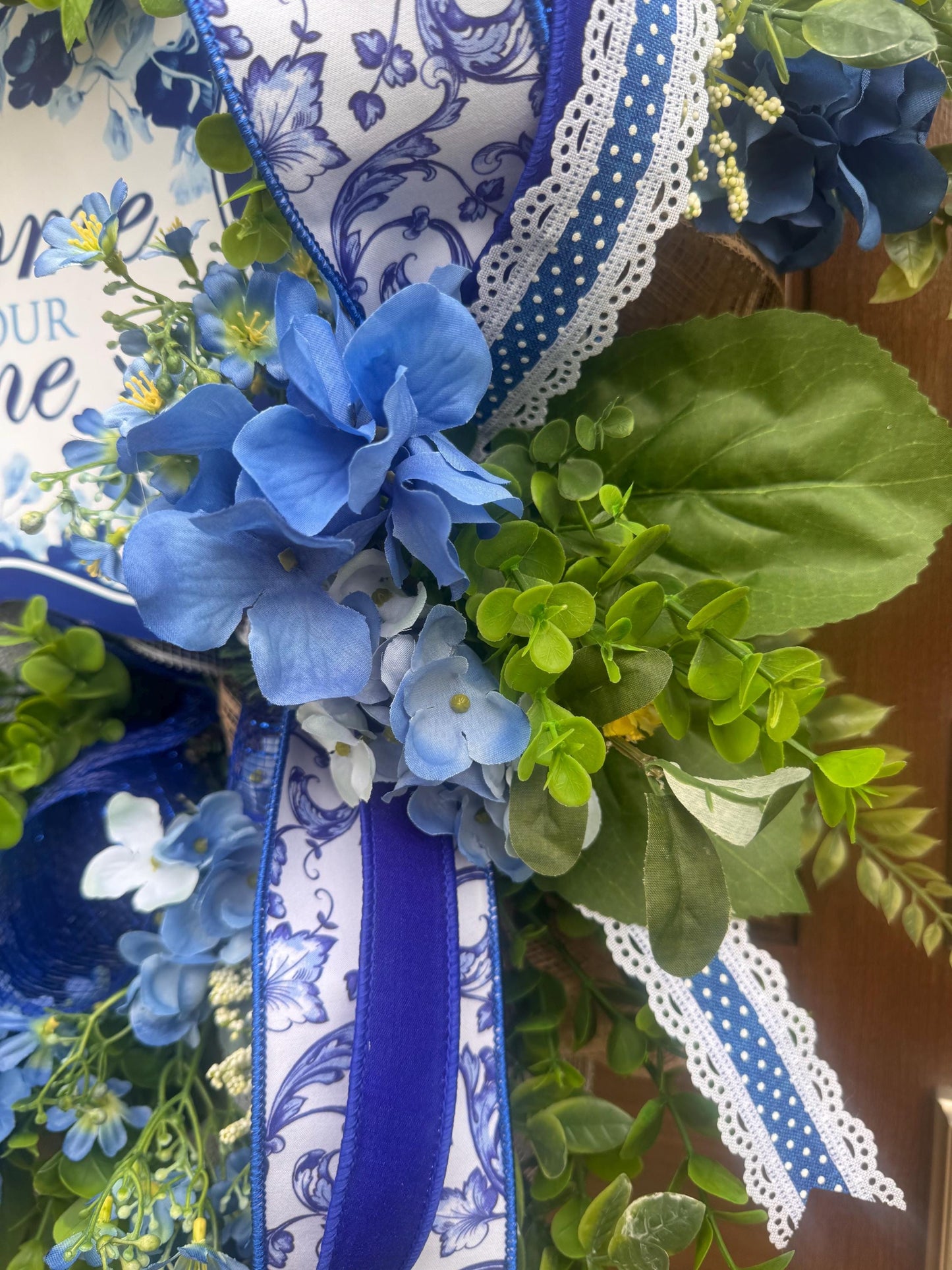 Blue Hydrangea Wreath, Welcome Door Wreath, Blue & White Front Door Decor, Spring Summer Wreath, Farmhouse Porch Decoration