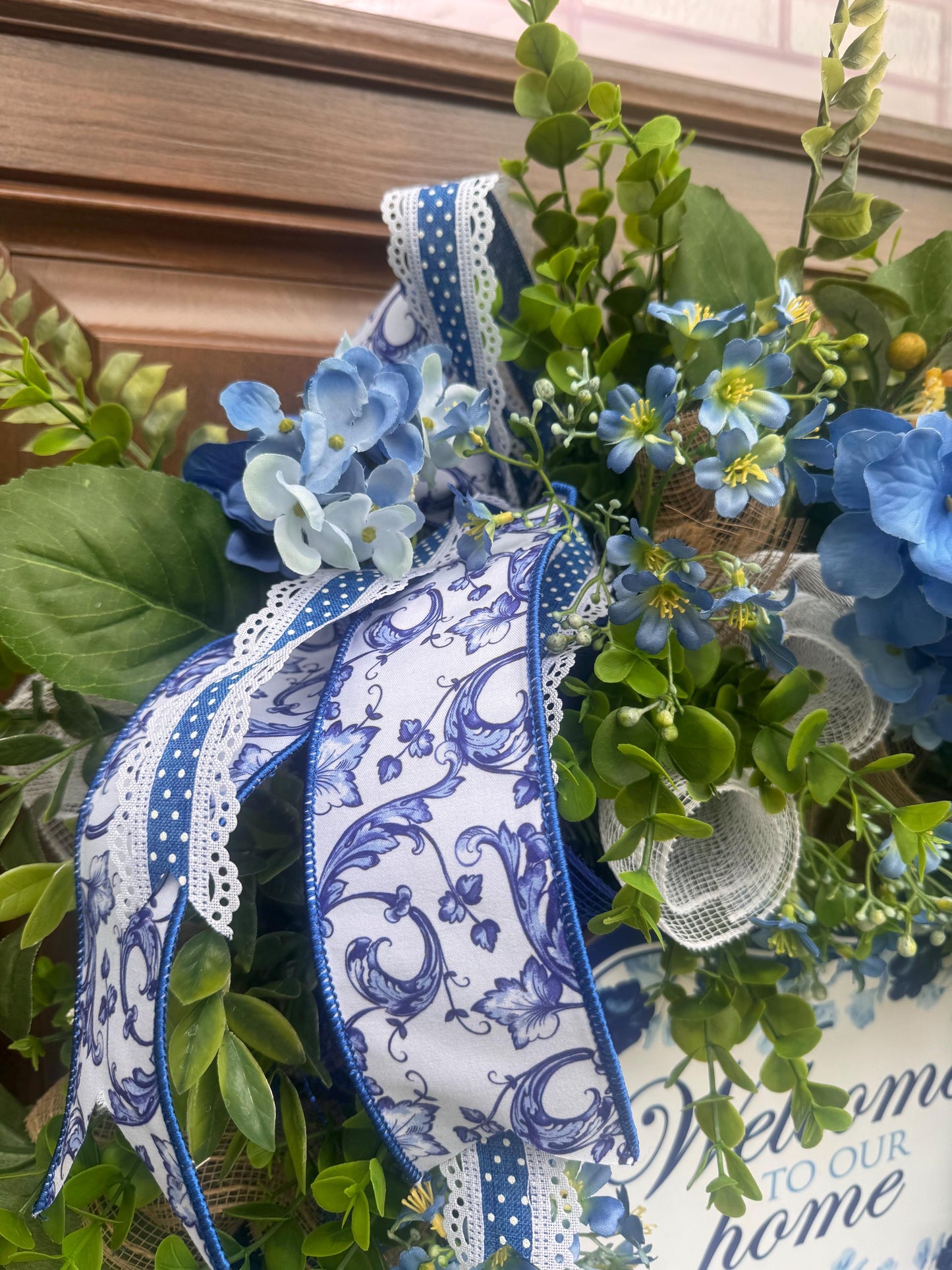 Blue Hydrangea Wreath, Welcome Door Wreath, Blue & White Front Door Decor, Spring Summer Wreath, Farmhouse Porch Decoration