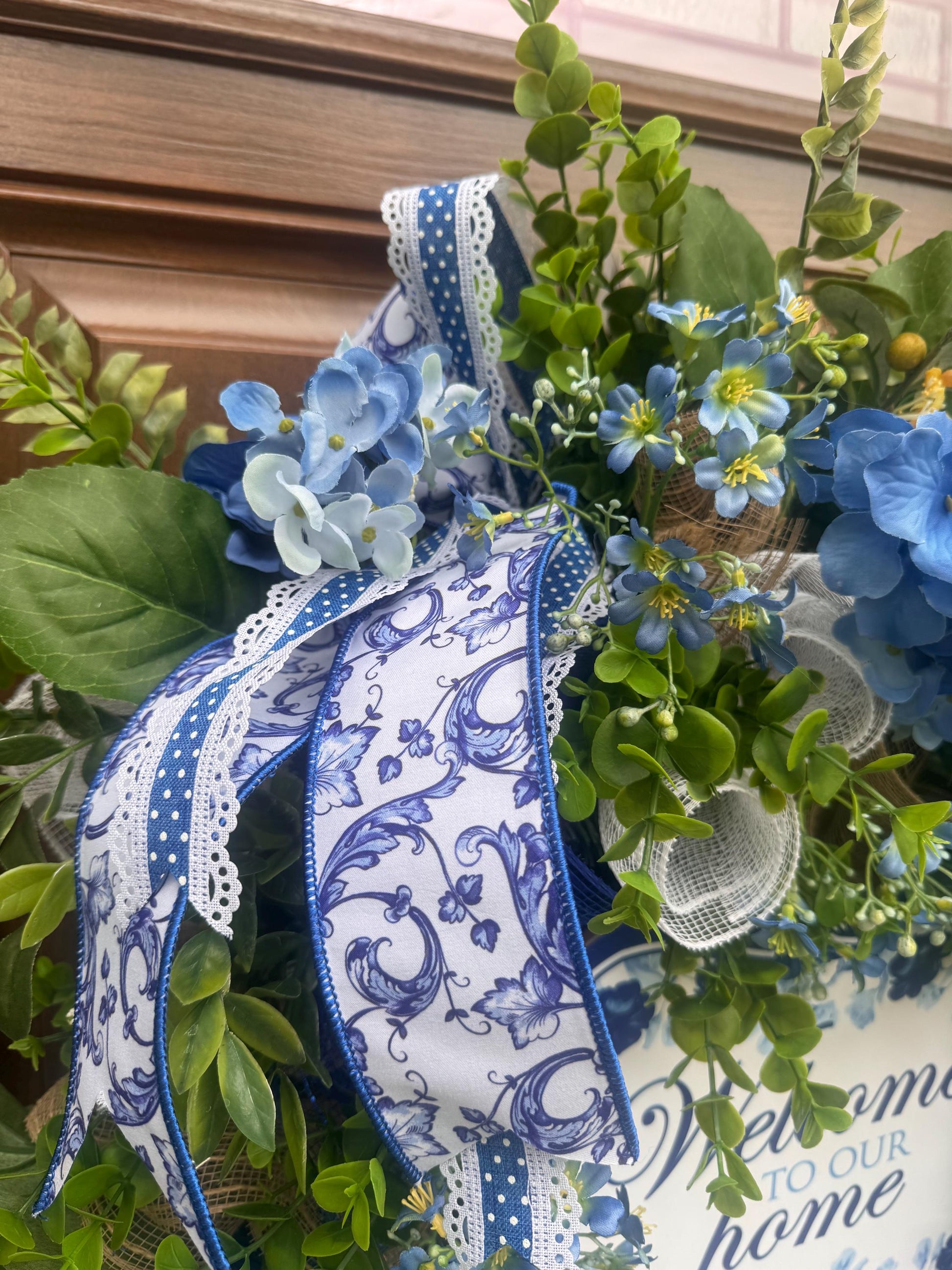 Blue Hydrangea Wreath, Welcome Door Wreath, Blue & White Front Door Decor, Spring Summer Wreath, Farmhouse Porch Decoration