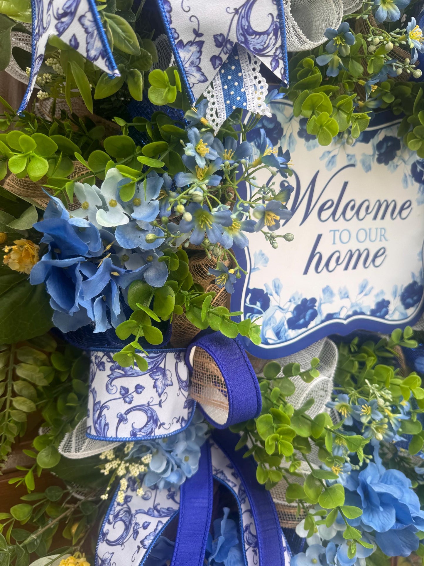 Blue Hydrangea Wreath, Welcome Door Wreath, Blue & White Front Door Decor, Spring Summer Wreath, Farmhouse Porch Decoration