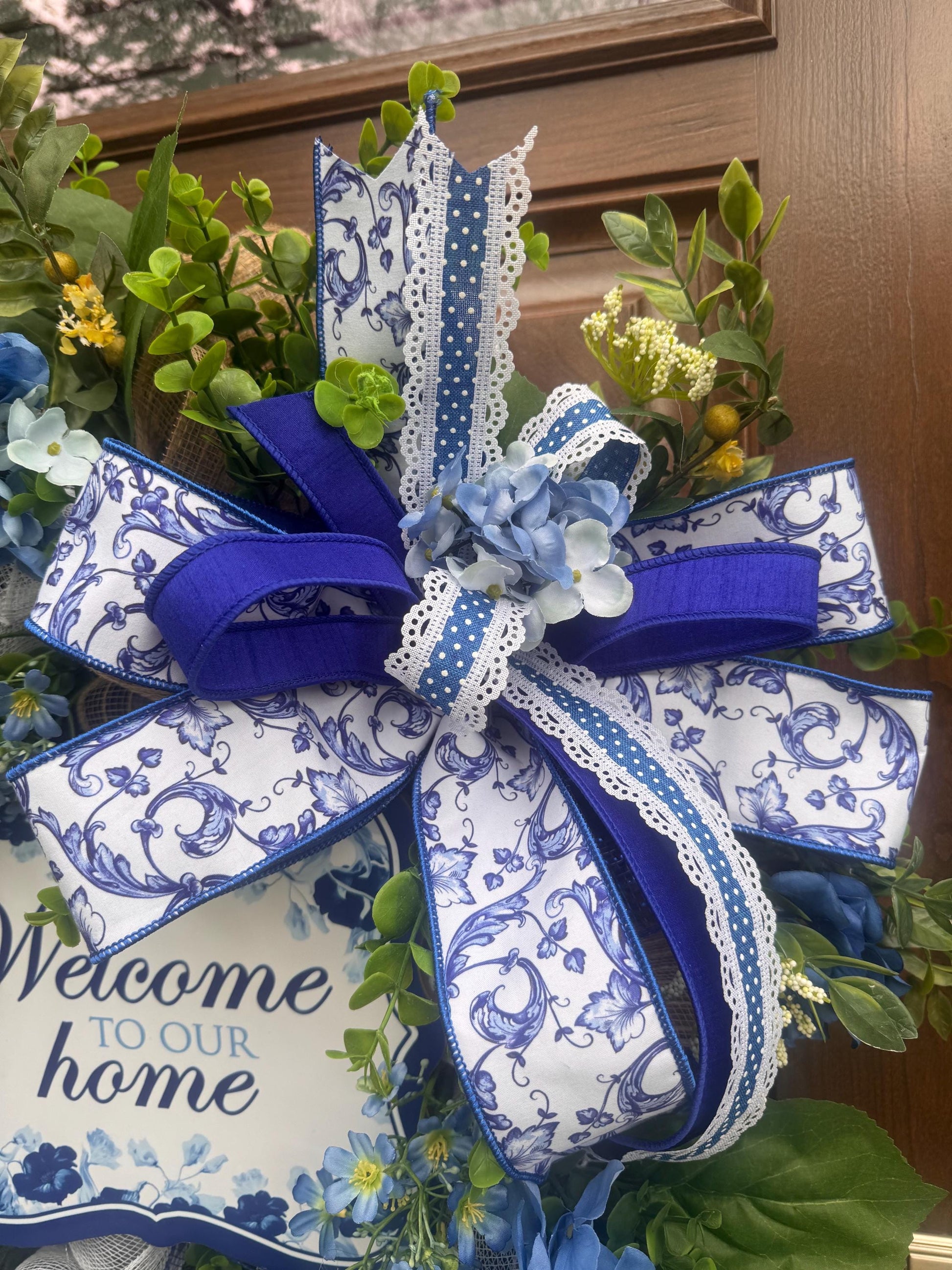Blue Hydrangea Wreath, Welcome Door Wreath, Blue & White Front Door Decor, Spring Summer Wreath, Farmhouse Porch Decoration