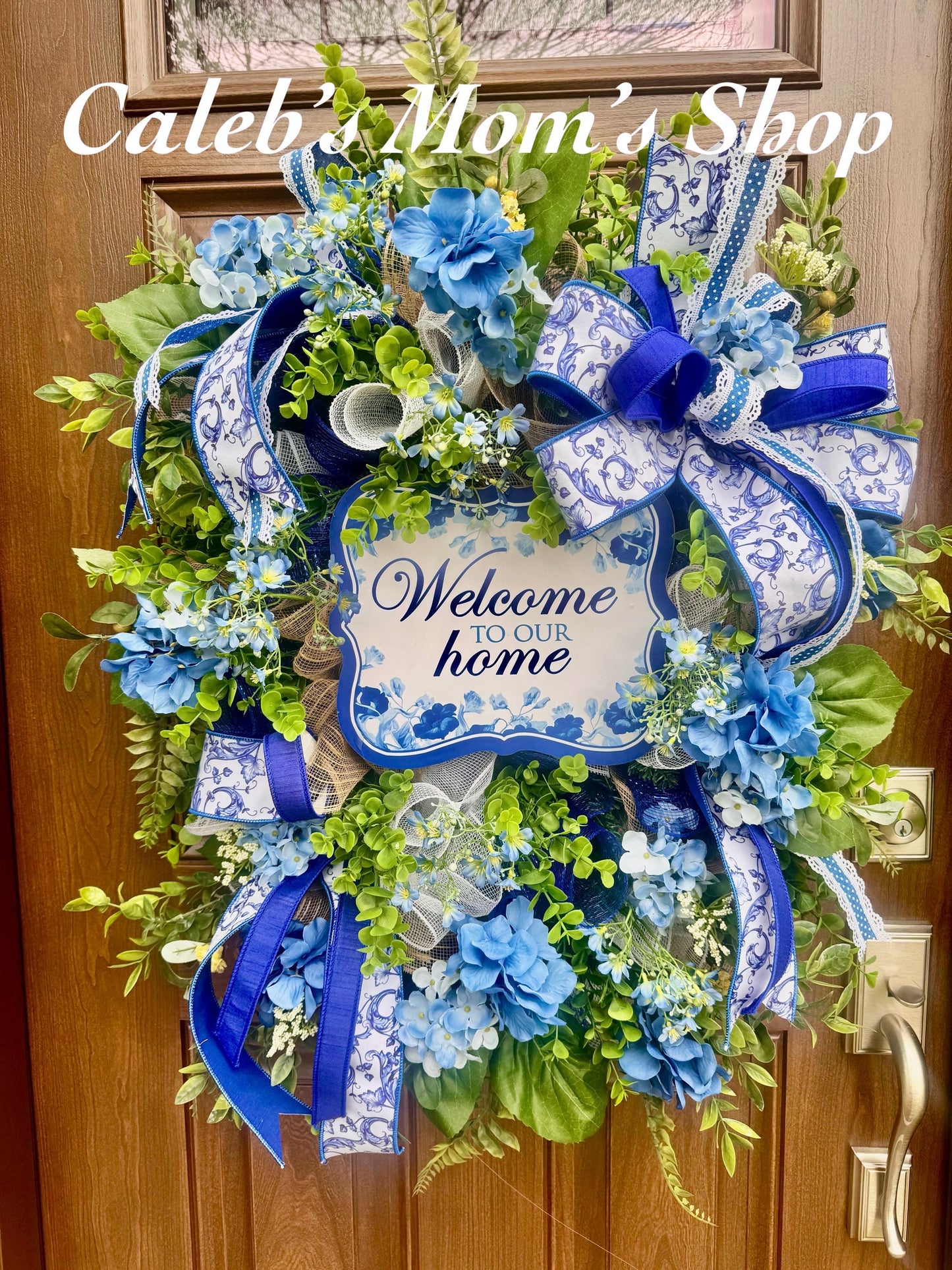 Blue Hydrangea Wreath, Welcome Door Wreath, Blue & White Front Door Decor, Spring Summer Wreath, Farmhouse Porch Decoration