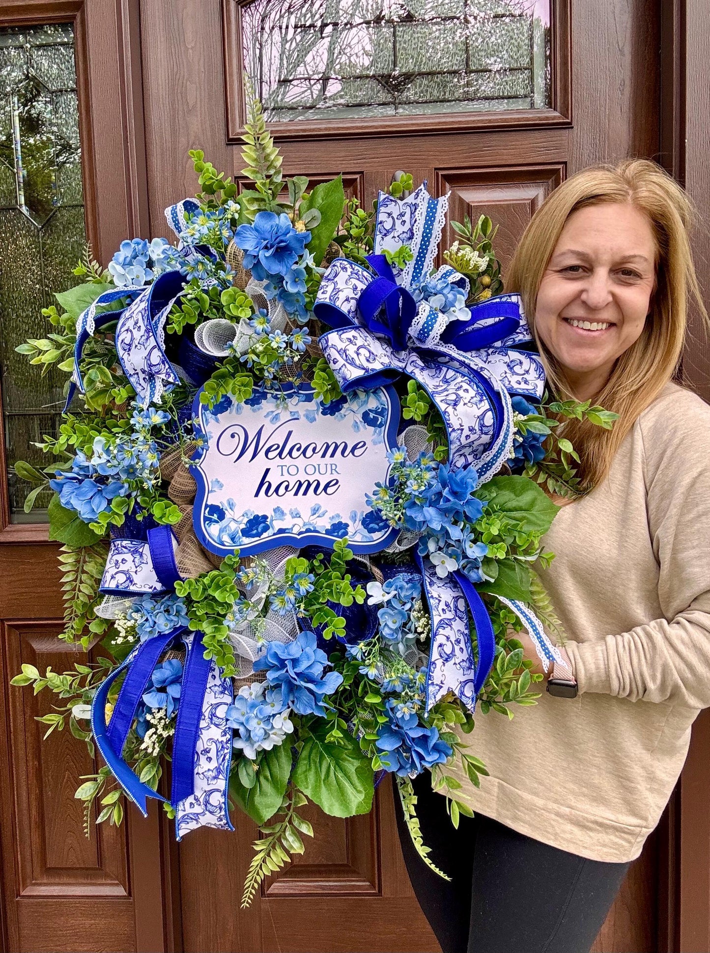 Blue Hydrangea Wreath, Welcome Door Wreath, Blue & White Front Door Decor, Spring Summer Wreath, Farmhouse Porch Decoration